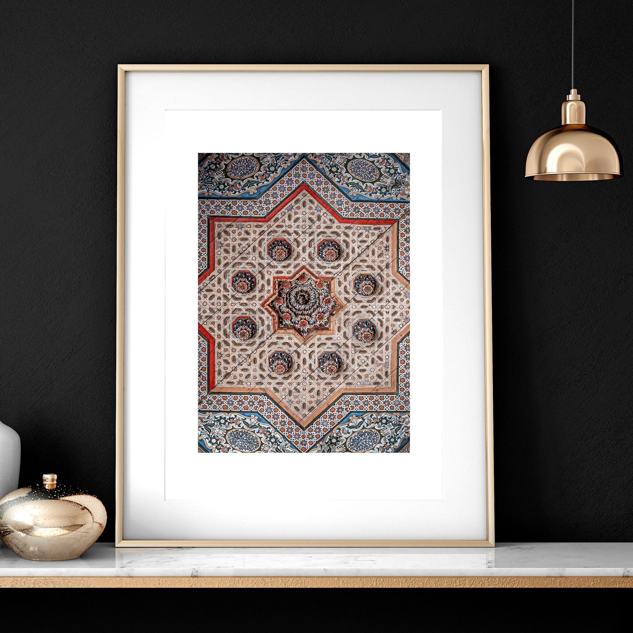Set of 3 Islamic wall art prints featuring intricate Arabic mosaic designs in vibrant colors, perfect for home decor.