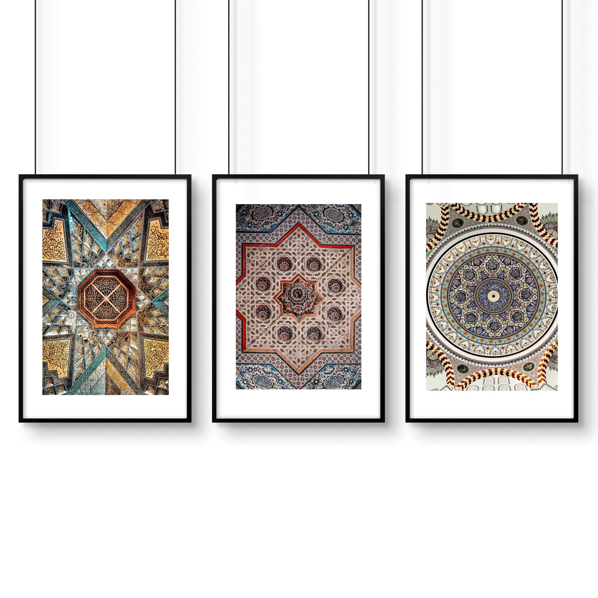 Set of 3 Islamic wall art prints featuring intricate Arabic mosaic designs in vibrant colors, perfect for home decor.