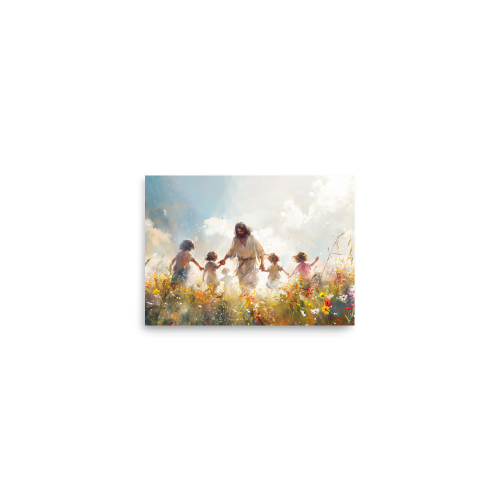 A vibrant Jesus with Children poster on thick matte paper, showcasing a heartwarming scene of Jesus surrounded by children, perfect for home or office decor.