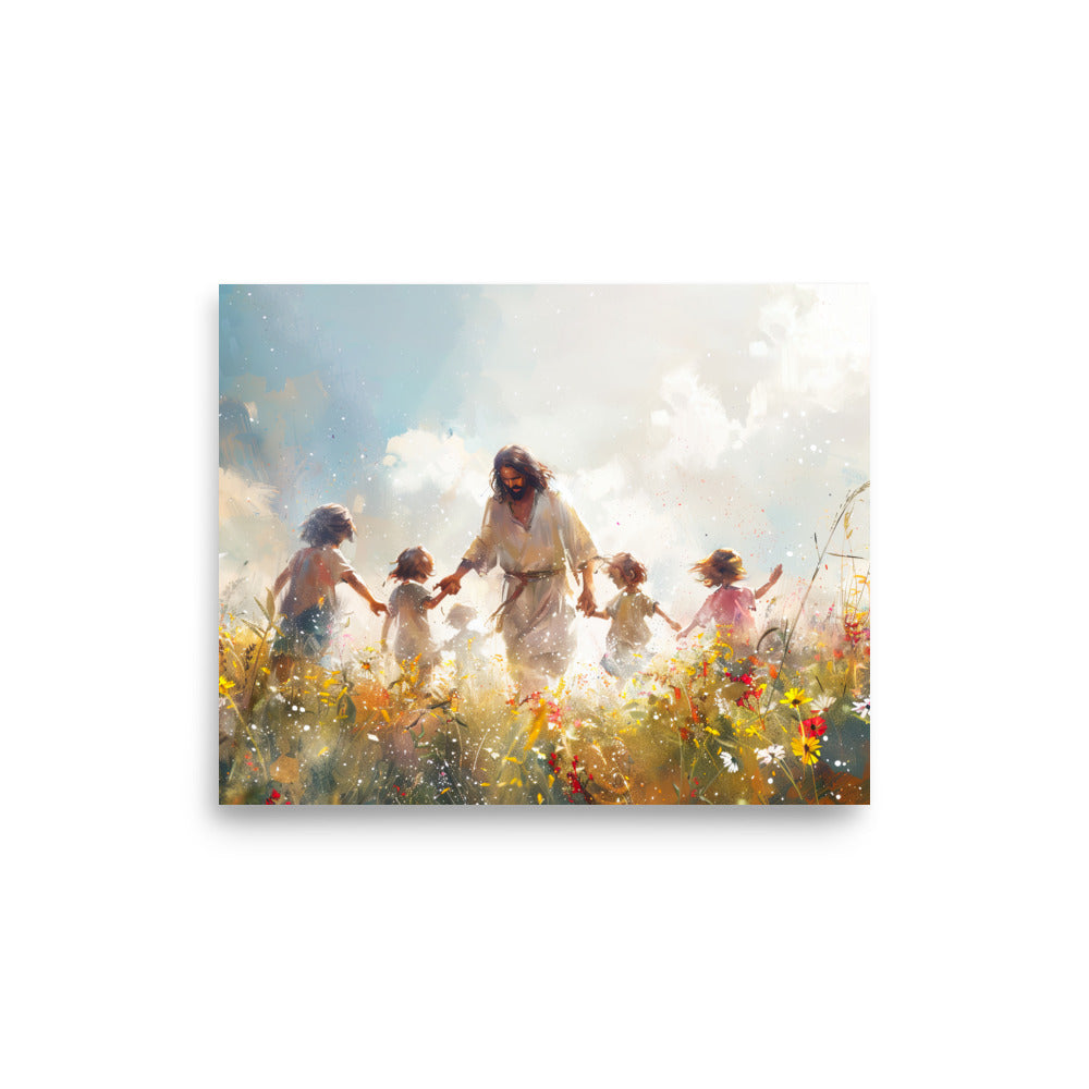 A vibrant Jesus with Children poster on thick matte paper, showcasing a heartwarming scene of Jesus surrounded by children, perfect for home or office decor.