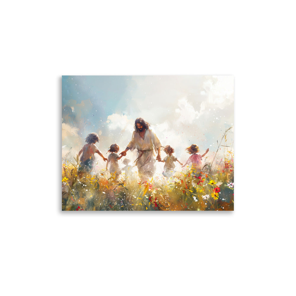 A vibrant Jesus with Children poster on thick matte paper, showcasing a heartwarming scene of Jesus surrounded by children, perfect for home or office decor.