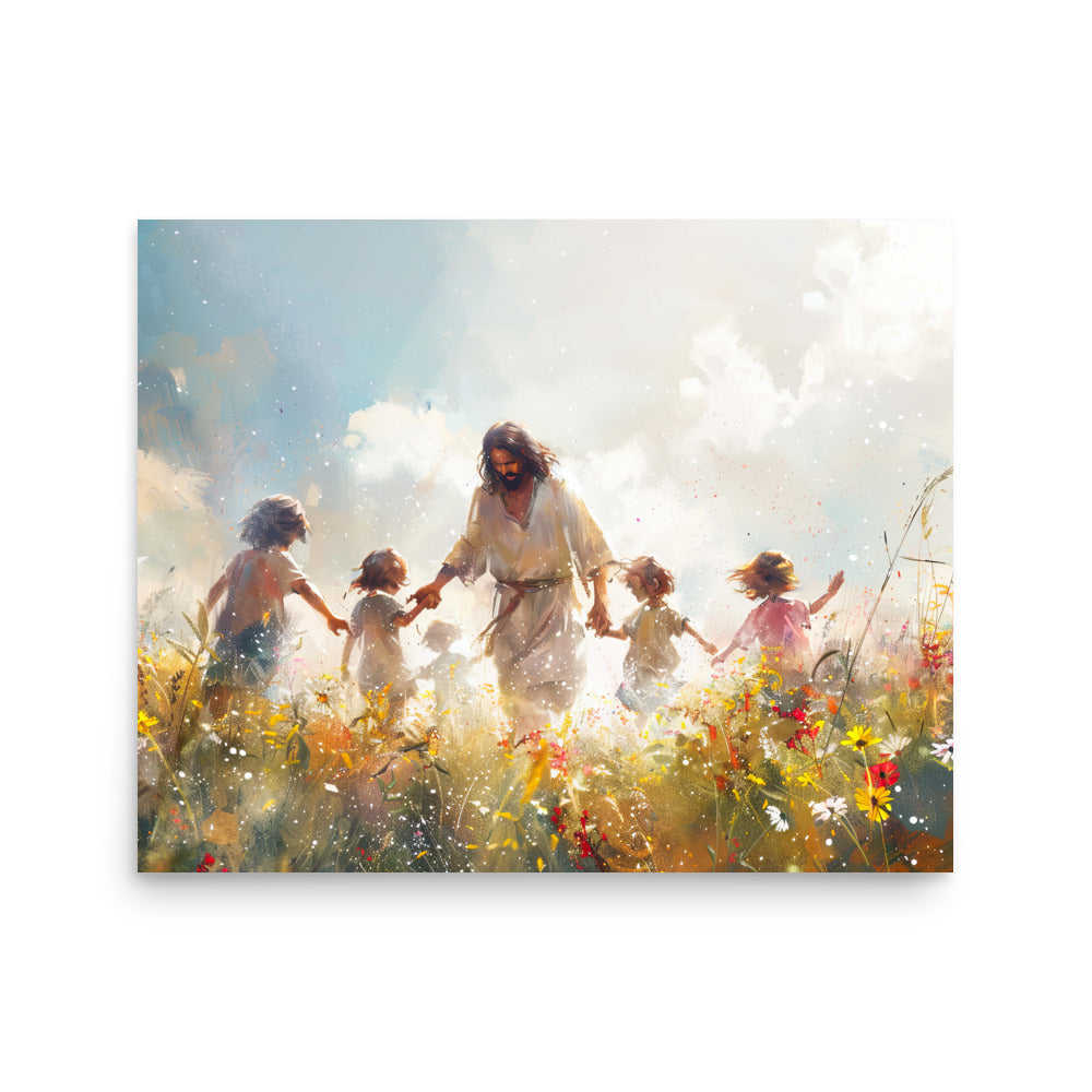 A vibrant Jesus with Children poster on thick matte paper, showcasing a heartwarming scene of Jesus surrounded by children, perfect for home or office decor.