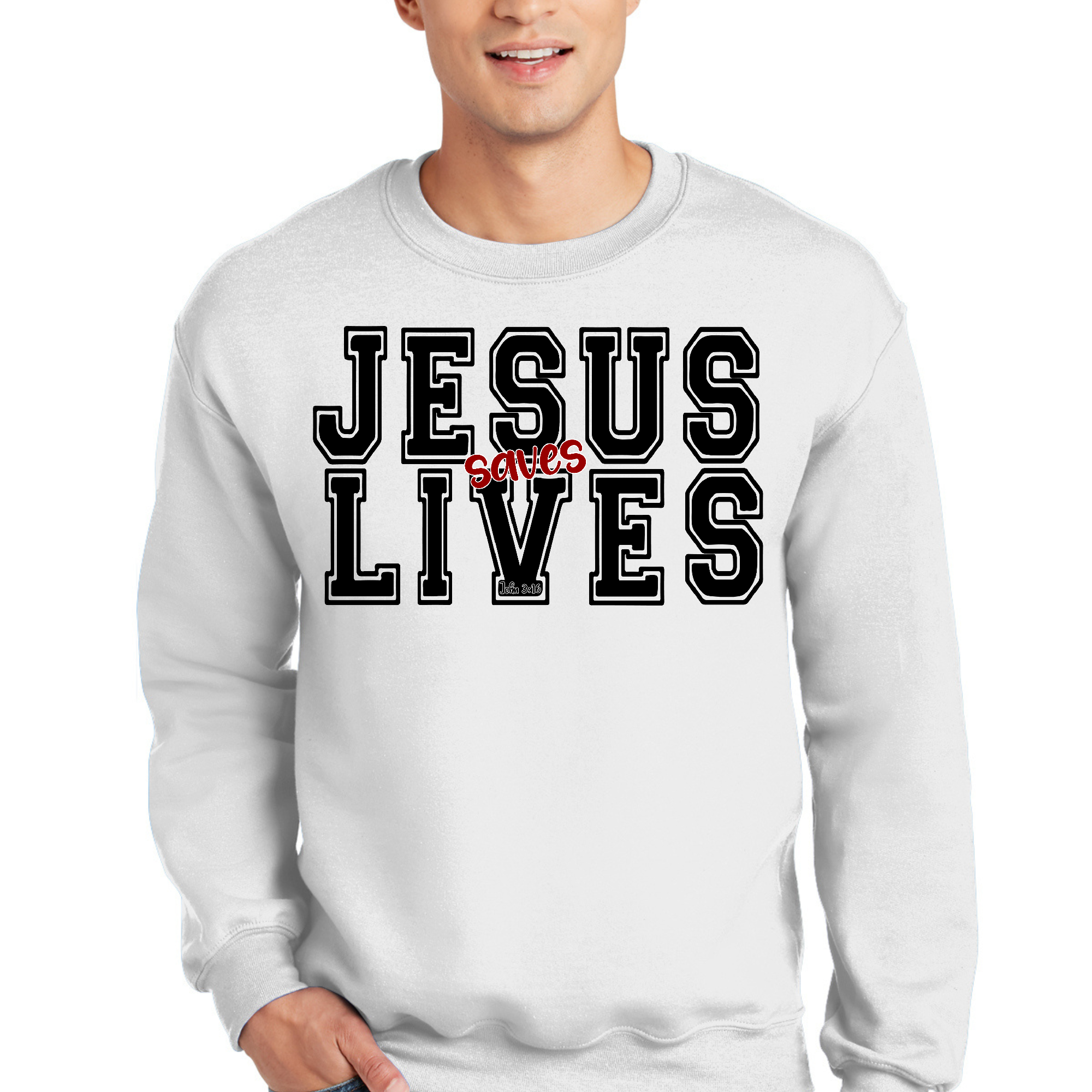 Men's Graphic Sweatshirt in black and red featuring 'Jesus Saves Lives' illustration, showcasing a comfortable and stylish design.