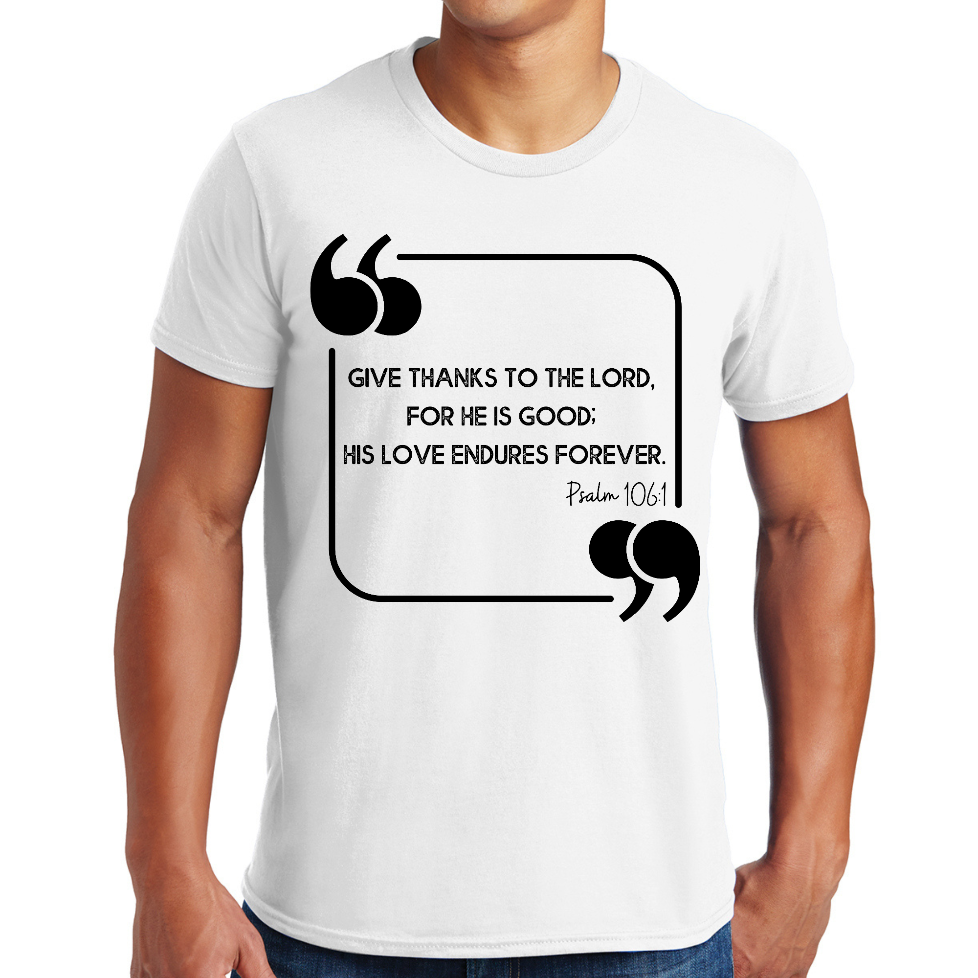 Men's Graphic T-shirt featuring a black illustration that says 'Give Thanks to the Lord', made from soft cotton material.