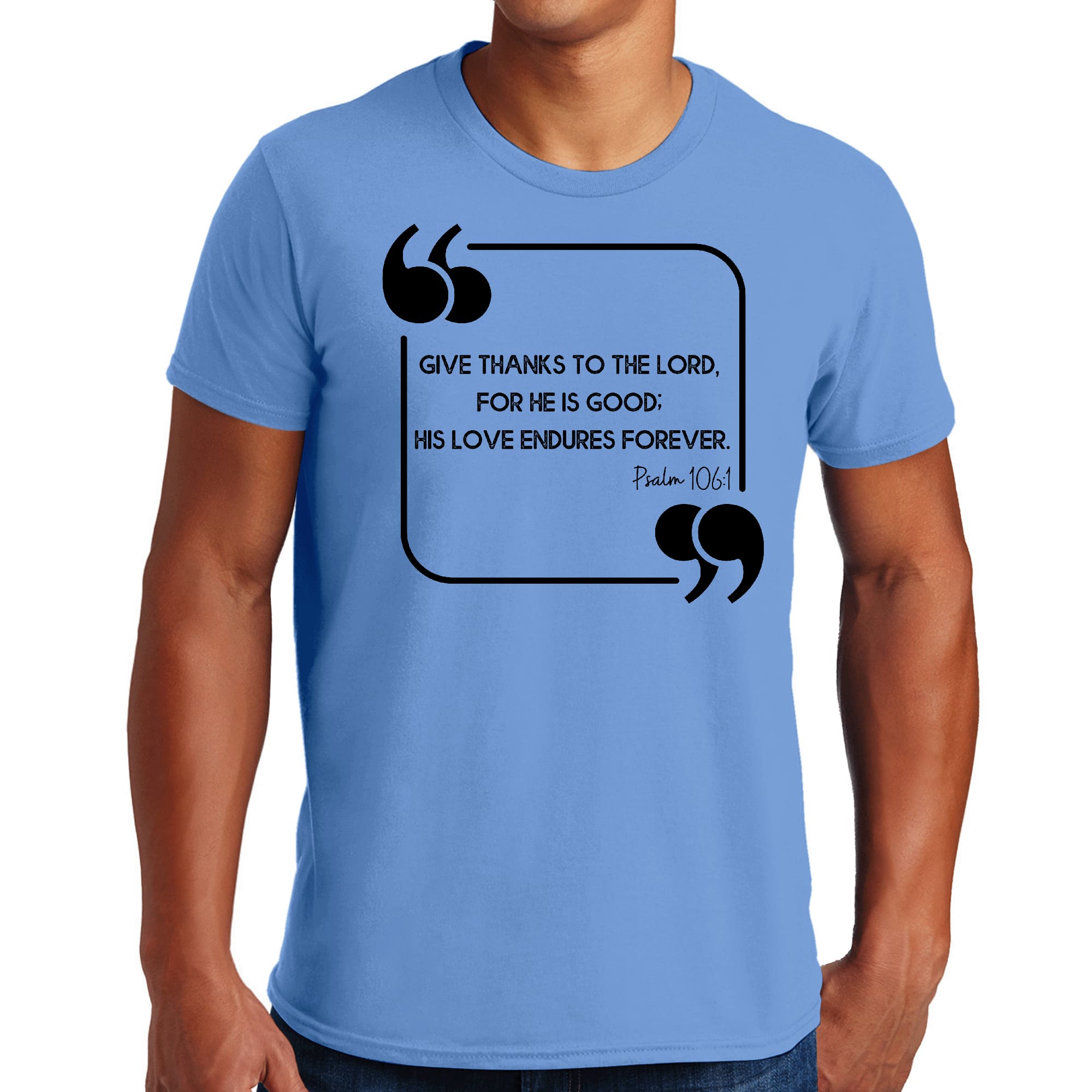 Men's Graphic T-shirt featuring a black illustration that says 'Give Thanks to the Lord', made from soft cotton material.