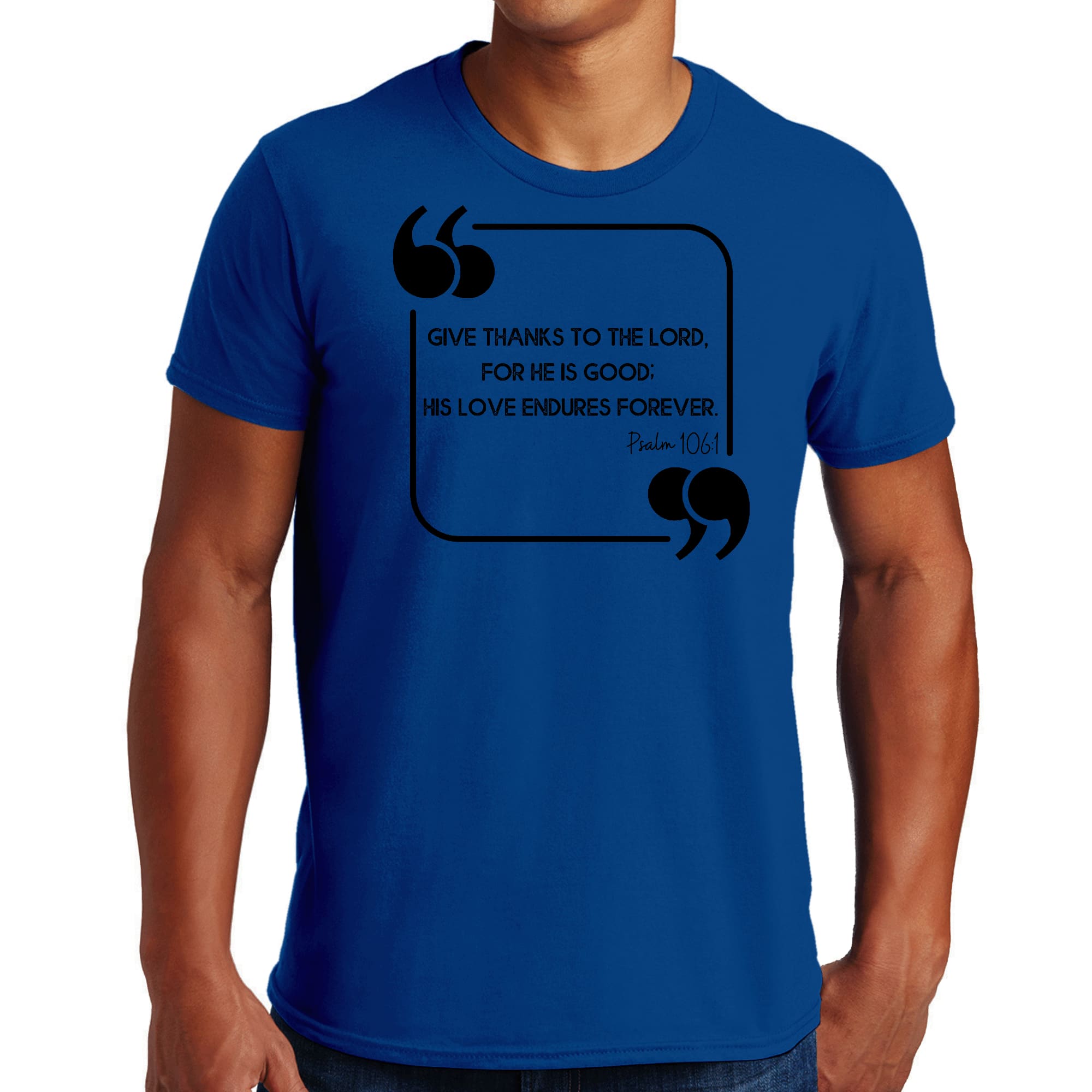 Men's Graphic T-shirt featuring a black illustration that says 'Give Thanks to the Lord', made from soft cotton material.