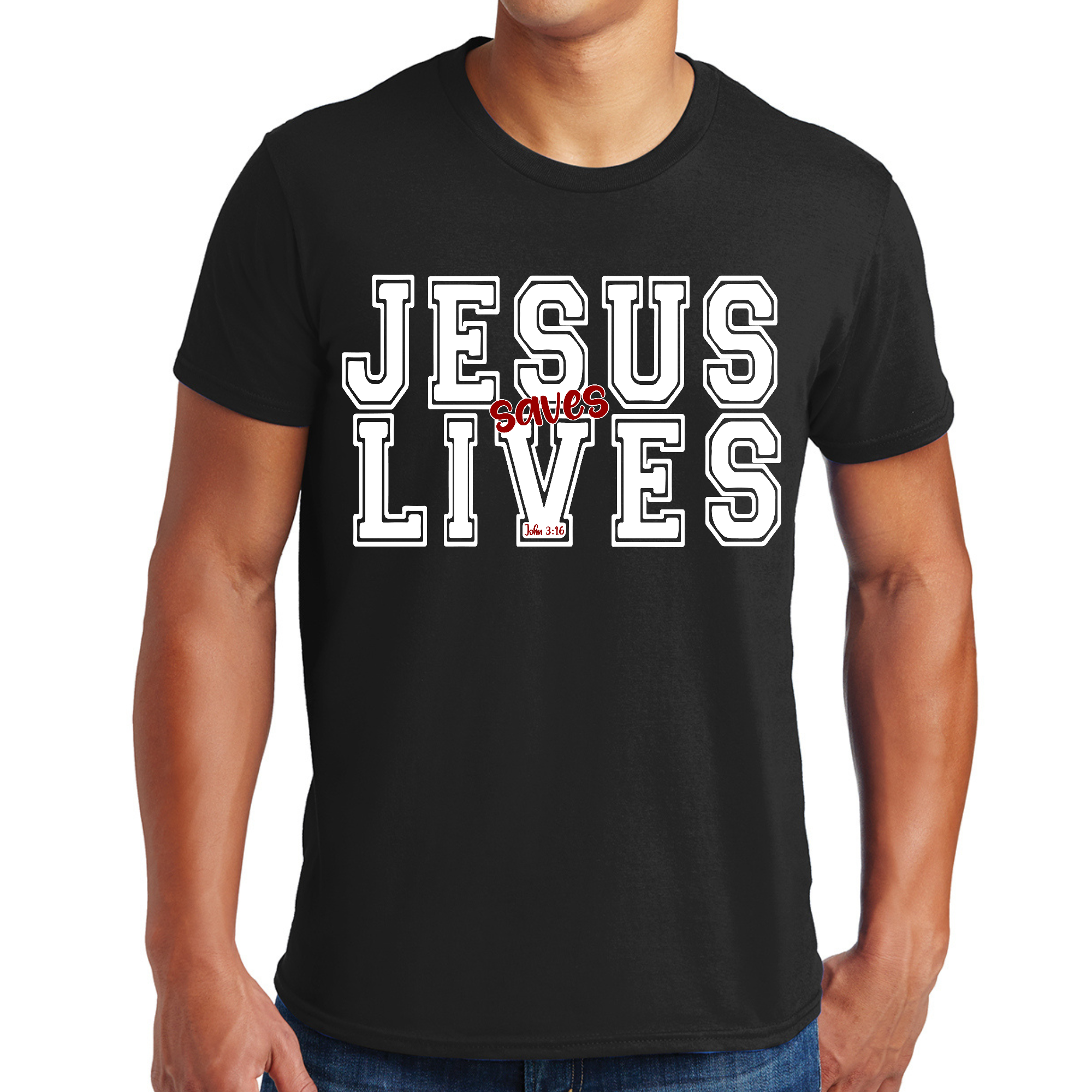 Men's Graphic T-shirt featuring a white and red Jesus Saves Lives illustration, showcasing a comfortable and stylish design.