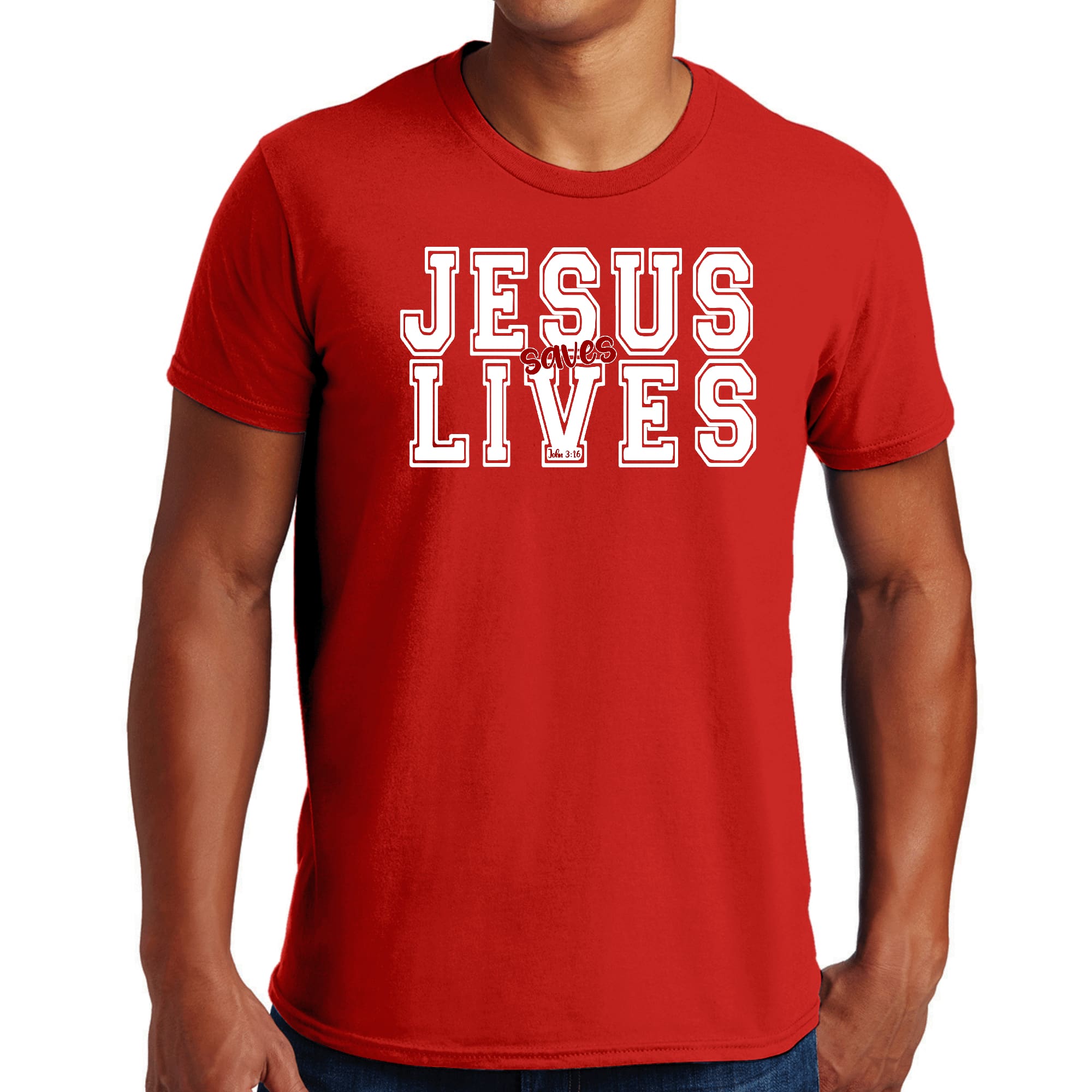 Men's Graphic T-shirt featuring a white and red Jesus Saves Lives illustration, showcasing a comfortable and stylish design.