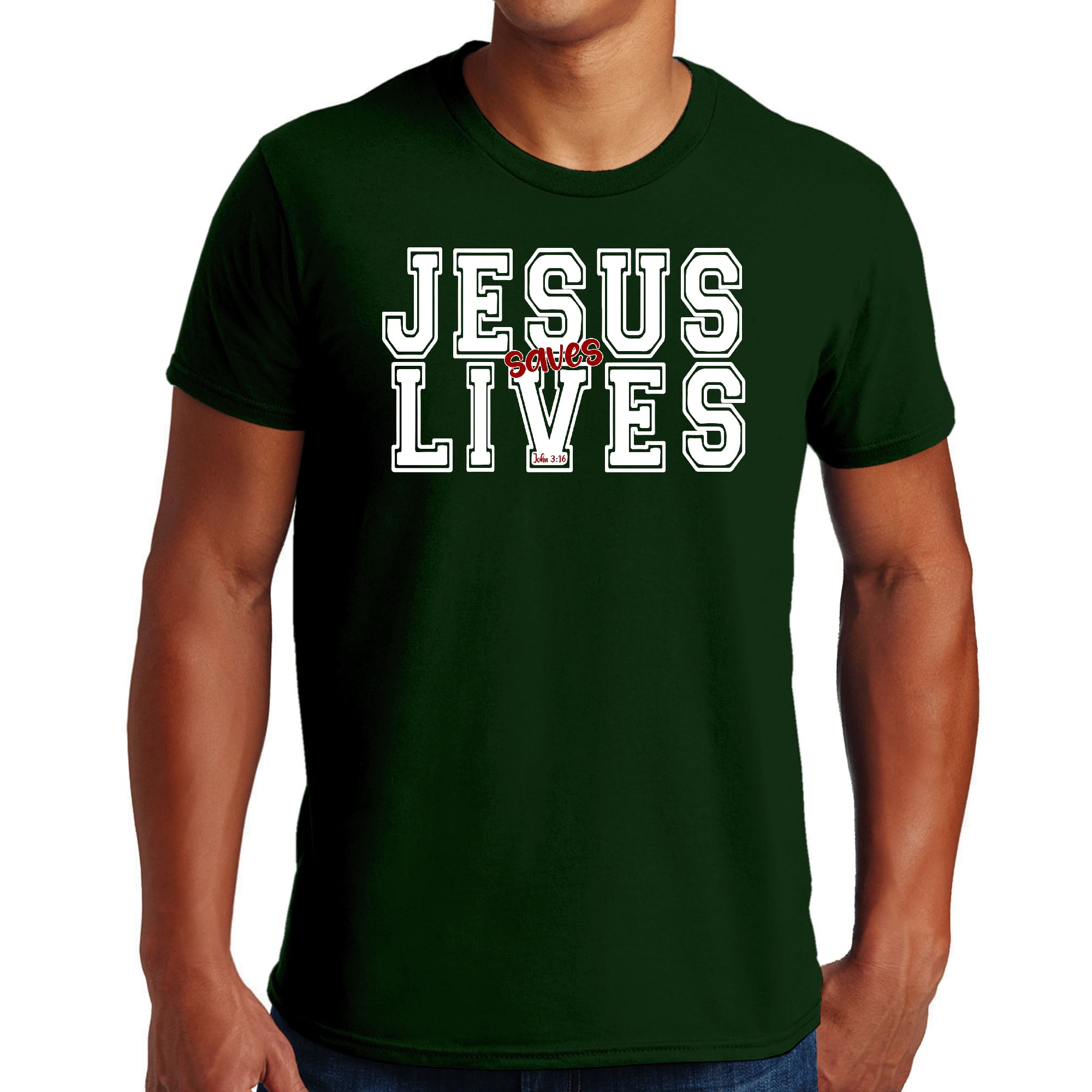 Men's Graphic T-shirt featuring a white and red Jesus Saves Lives illustration, showcasing a comfortable and stylish design.
