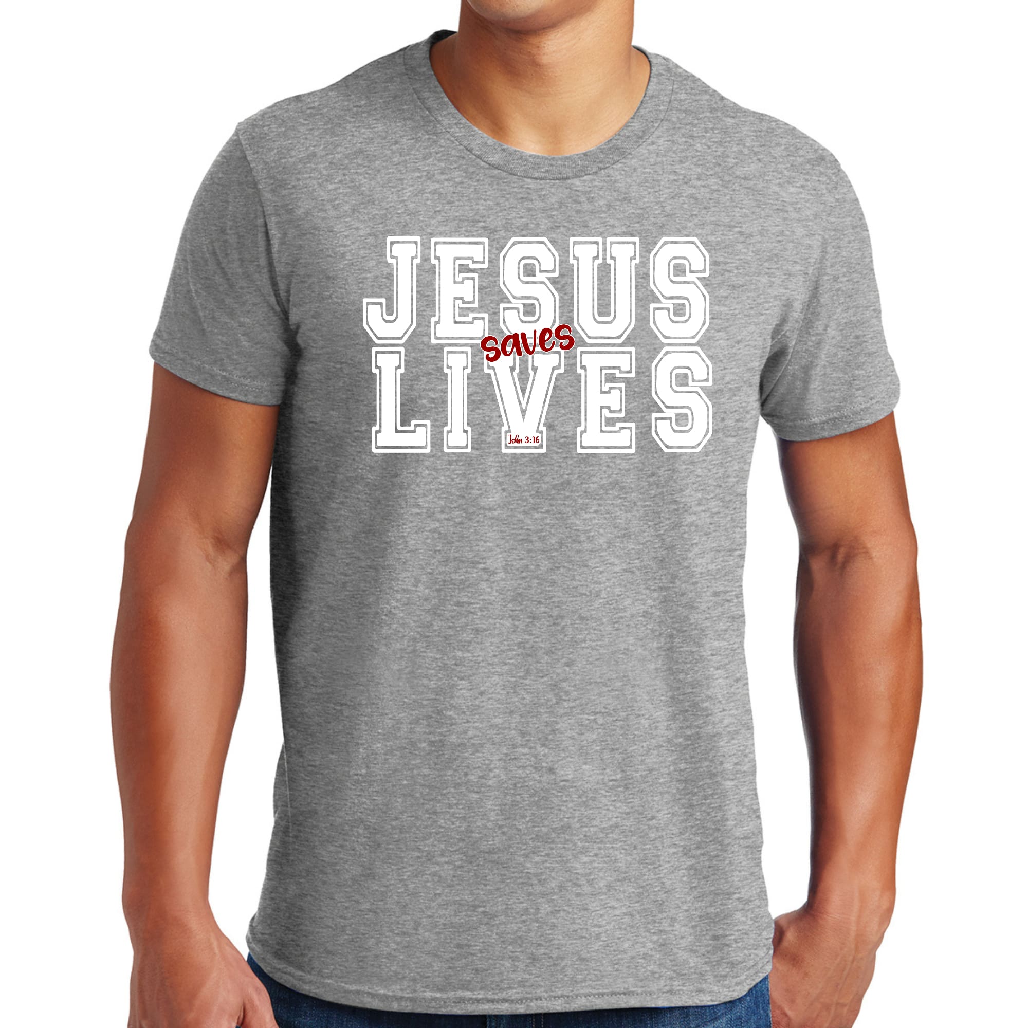 Men's Graphic T-shirt featuring a white and red Jesus Saves Lives illustration, showcasing a comfortable and stylish design.