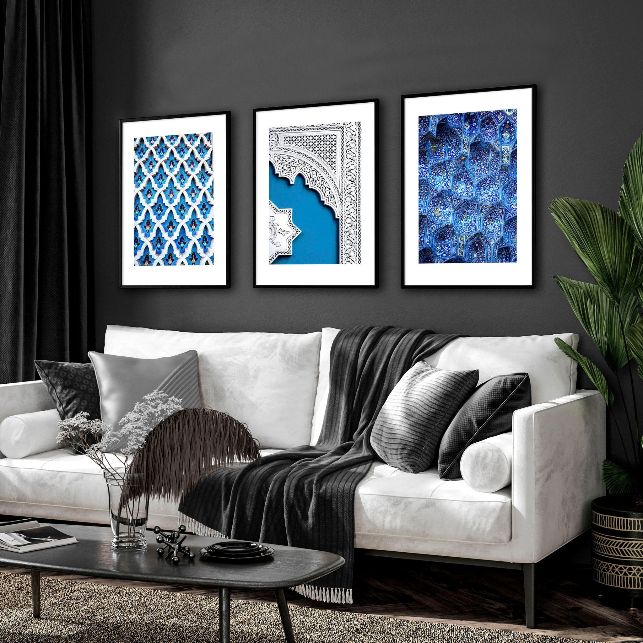 Set of 3 wall art prints featuring beautiful Islamic mosaic designs in teal and blue, perfect for Ramadan decoration.