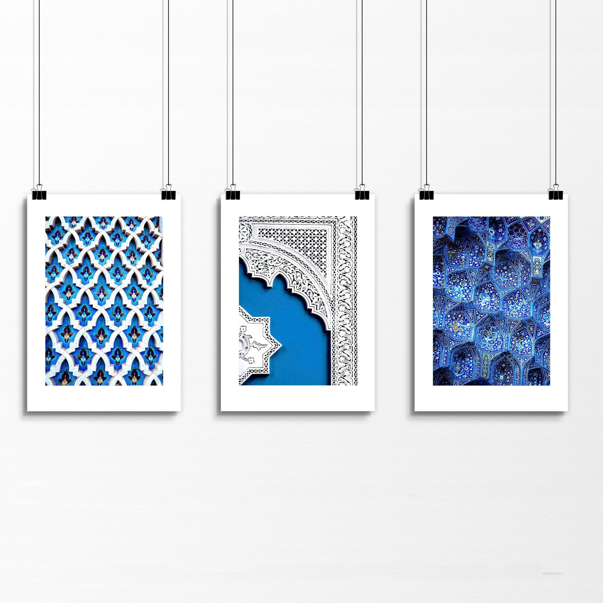 Set of 3 wall art prints featuring beautiful Islamic mosaic designs in teal and blue, perfect for Ramadan decoration.