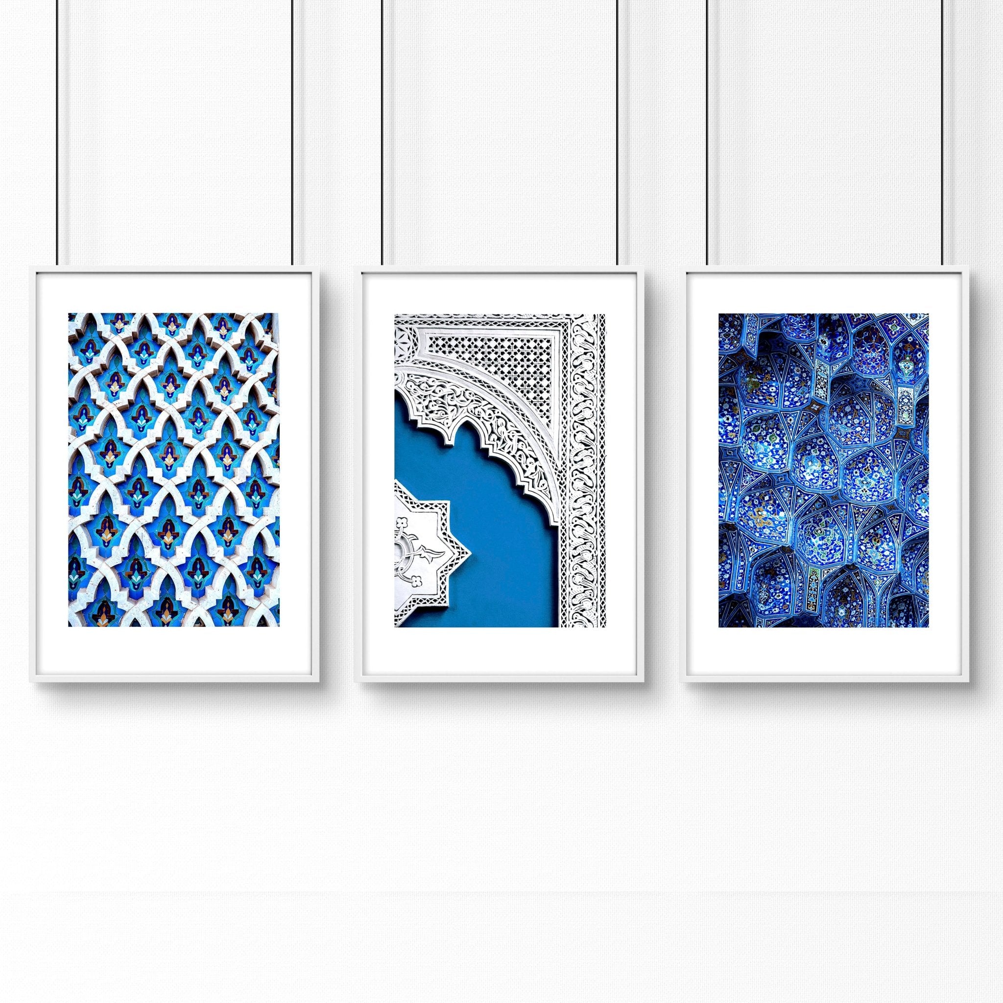 Set of 3 wall art prints featuring beautiful Islamic mosaic designs in teal and blue, perfect for Ramadan decoration.
