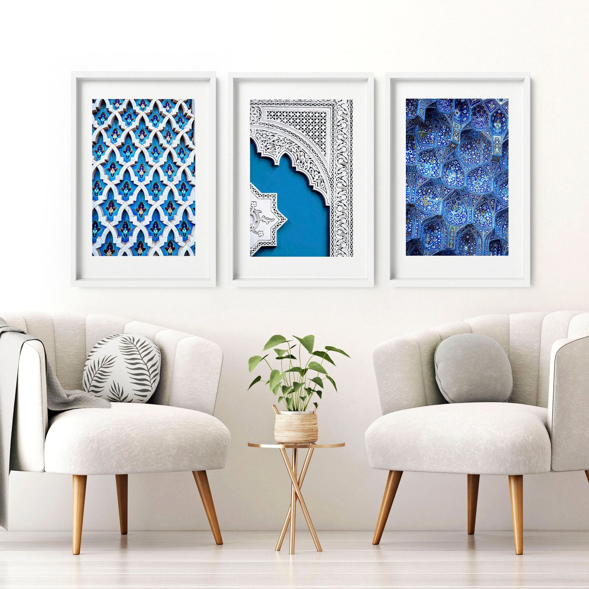 Set of 3 wall art prints featuring beautiful Islamic mosaic designs in teal and blue, perfect for Ramadan decoration.