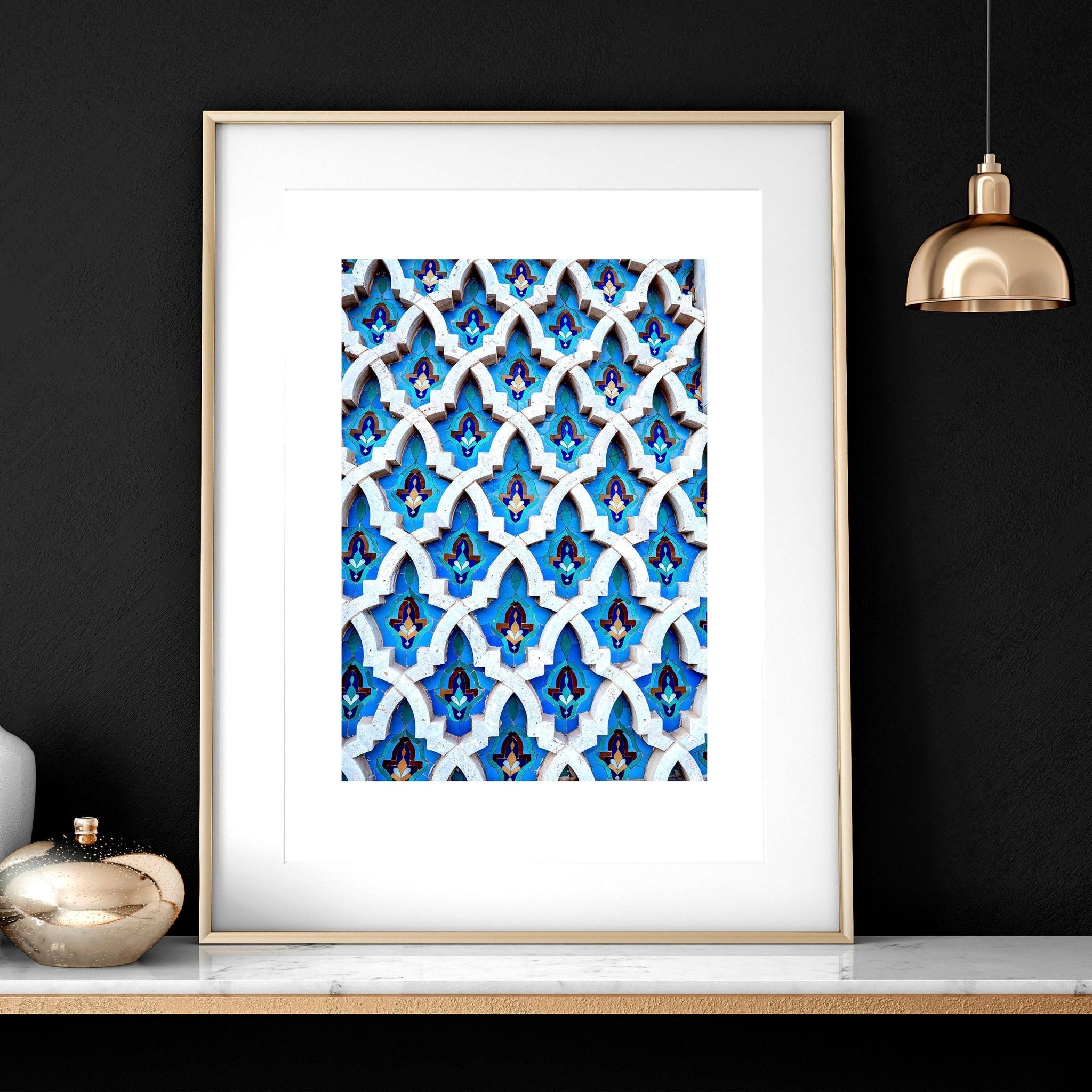 Set of 3 wall art prints featuring beautiful Islamic mosaic designs in teal and blue, perfect for Ramadan decoration.