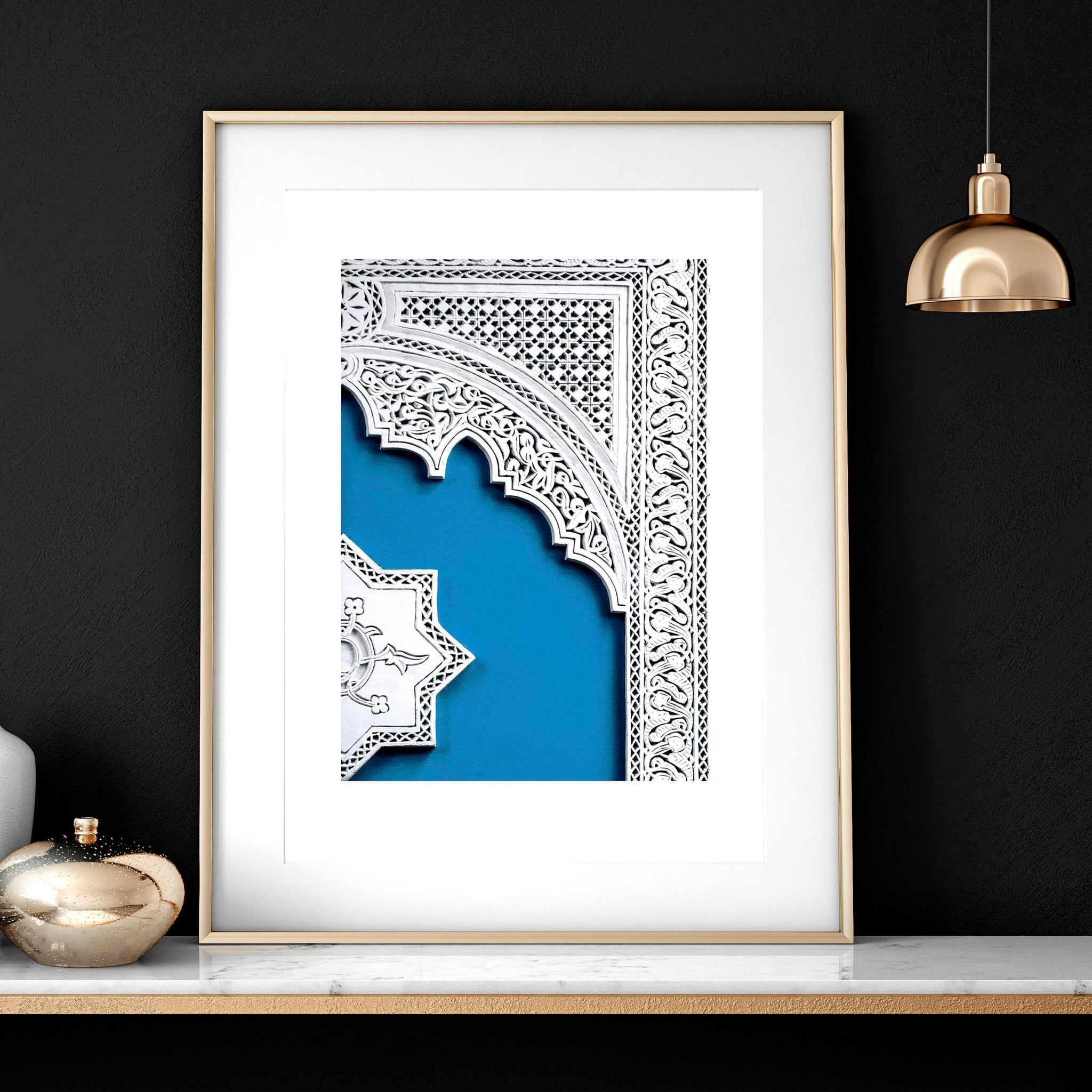 Set of 3 wall art prints featuring beautiful Islamic mosaic designs in teal and blue, perfect for Ramadan decoration.