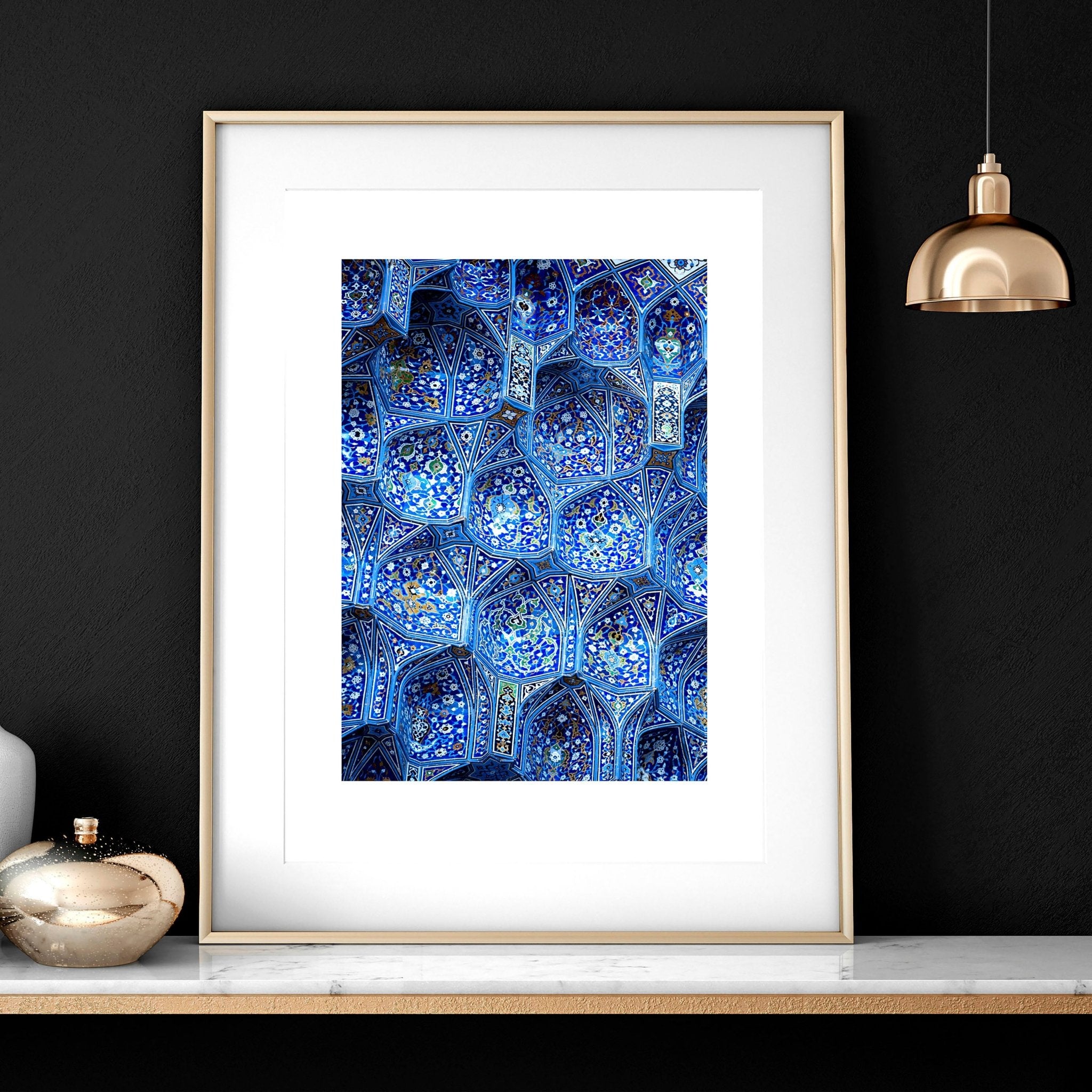 Set of 3 wall art prints featuring beautiful Islamic mosaic designs in teal and blue, perfect for Ramadan decoration.