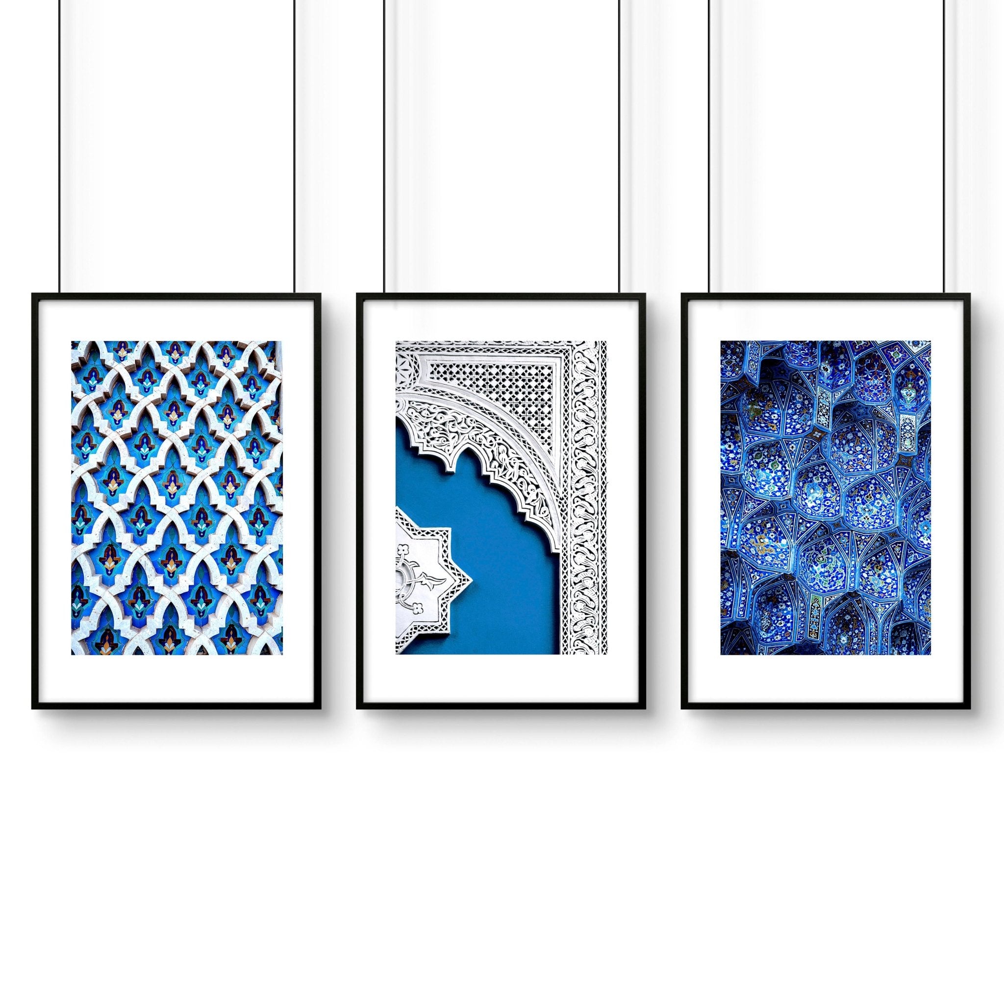 Set of 3 wall art prints featuring beautiful Islamic mosaic designs in teal and blue, perfect for Ramadan decoration.