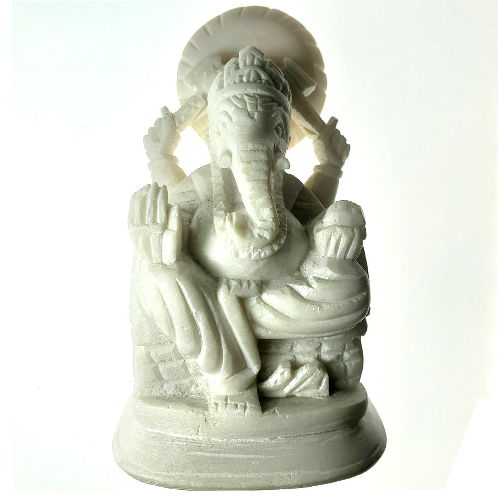 Small white marble Ganesha statue sculpture with intricate details, measuring 6 3/4 inches long, 4 7/16 inches wide, and 2 inches tall.