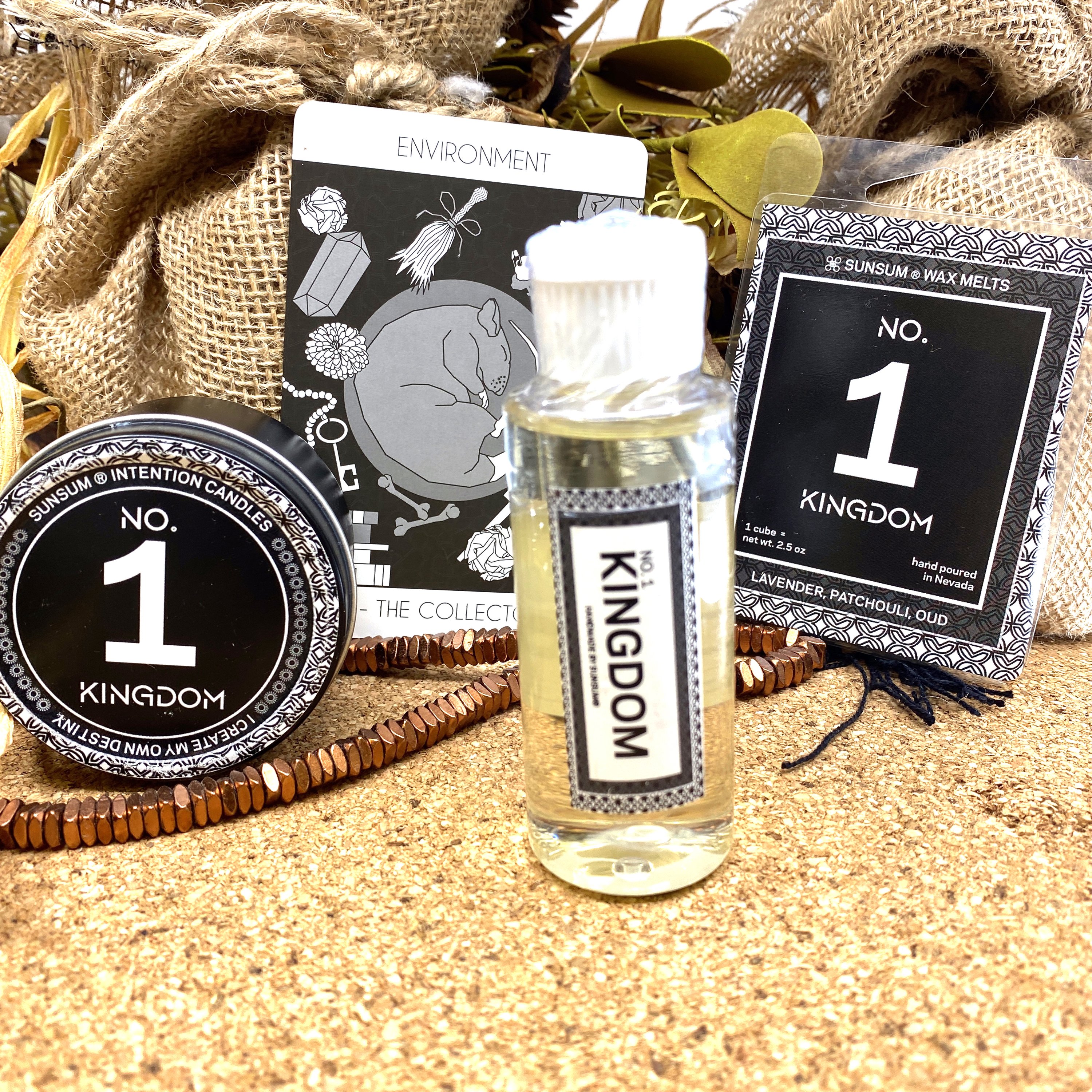 Spirit Number 111 Gift Set featuring handmade candles, body oils, and wax melts with lavender, patchouli, and oud aromas.