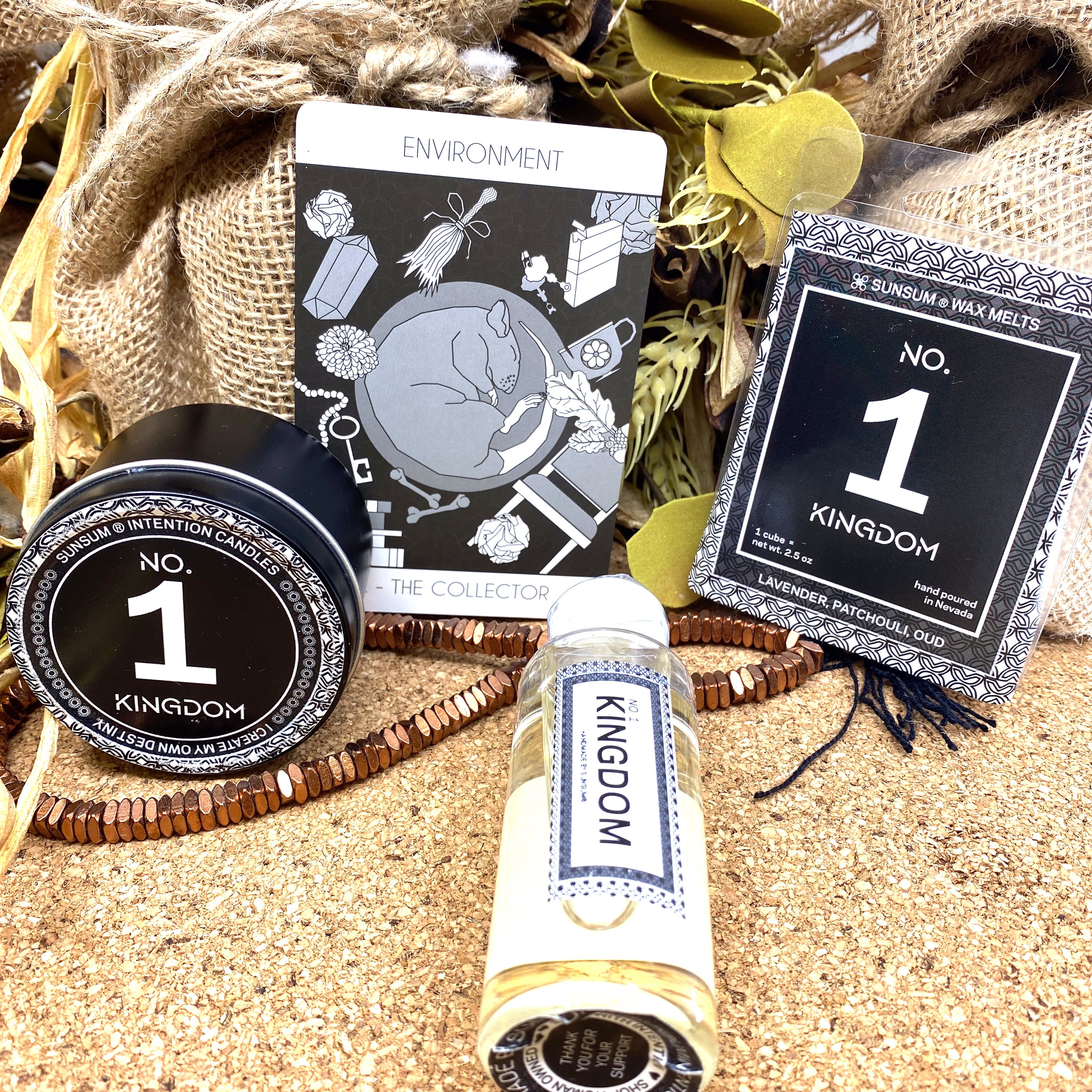 Spirit Number 111 Gift Set featuring handmade candles, body oils, and wax melts with lavender, patchouli, and oud aromas.
