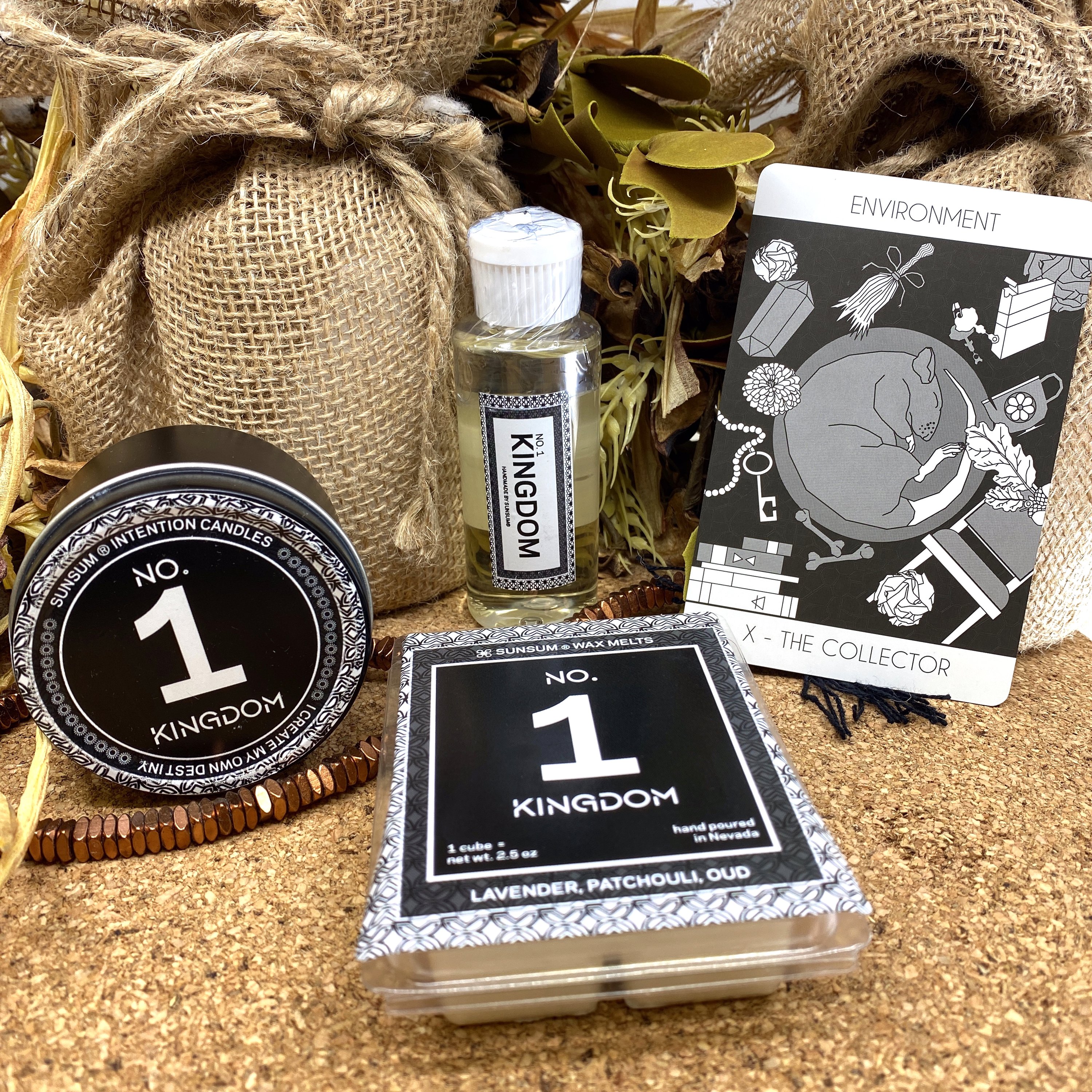 Spirit Number 111 Gift Set featuring handmade candles, body oils, and wax melts with lavender, patchouli, and oud aromas.