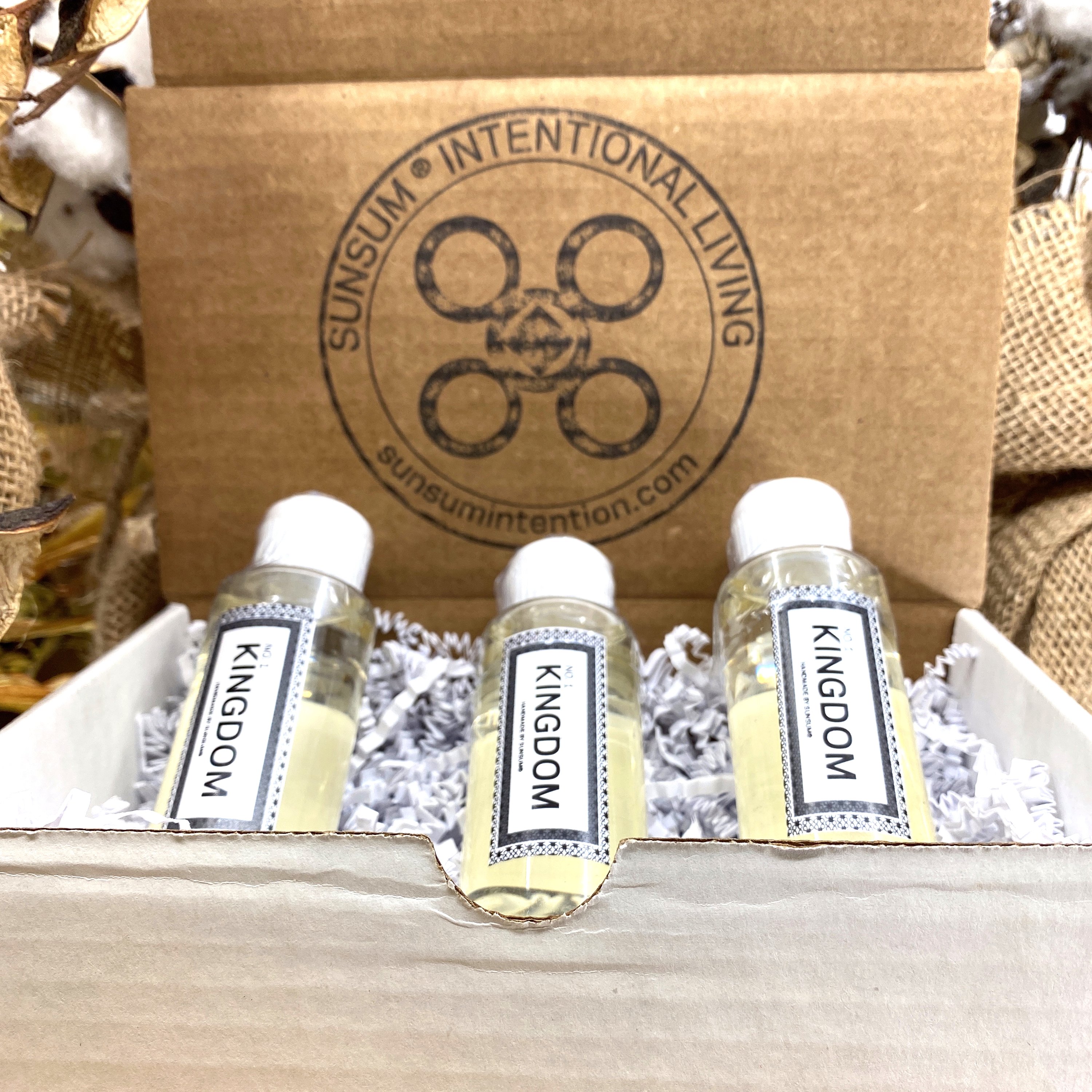 Spirit Number 111 Gift Set featuring handmade candles, body oils, and wax melts with lavender, patchouli, and oud aromas.