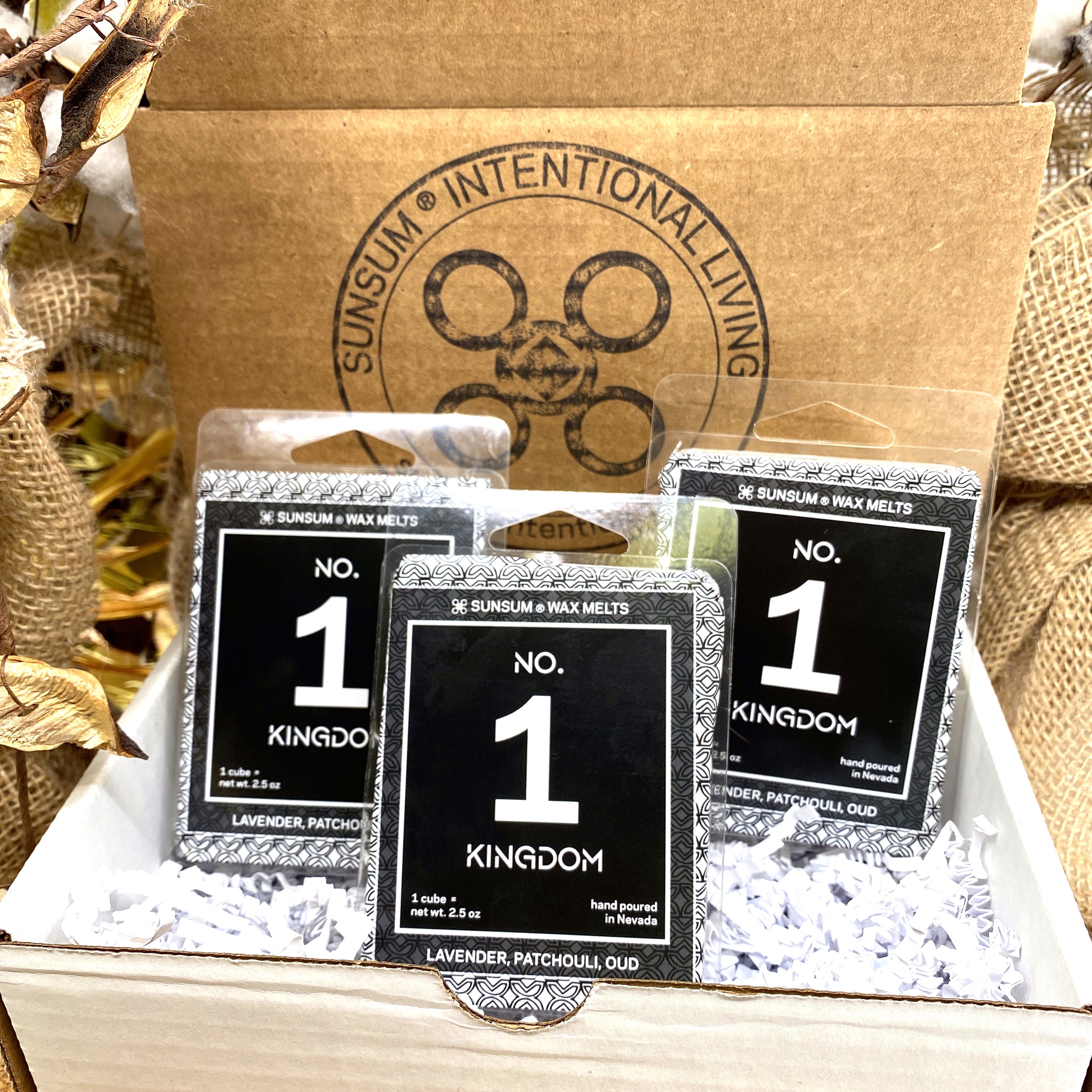 Spirit Number 111 Gift Set featuring handmade candles, body oils, and wax melts with lavender, patchouli, and oud aromas.