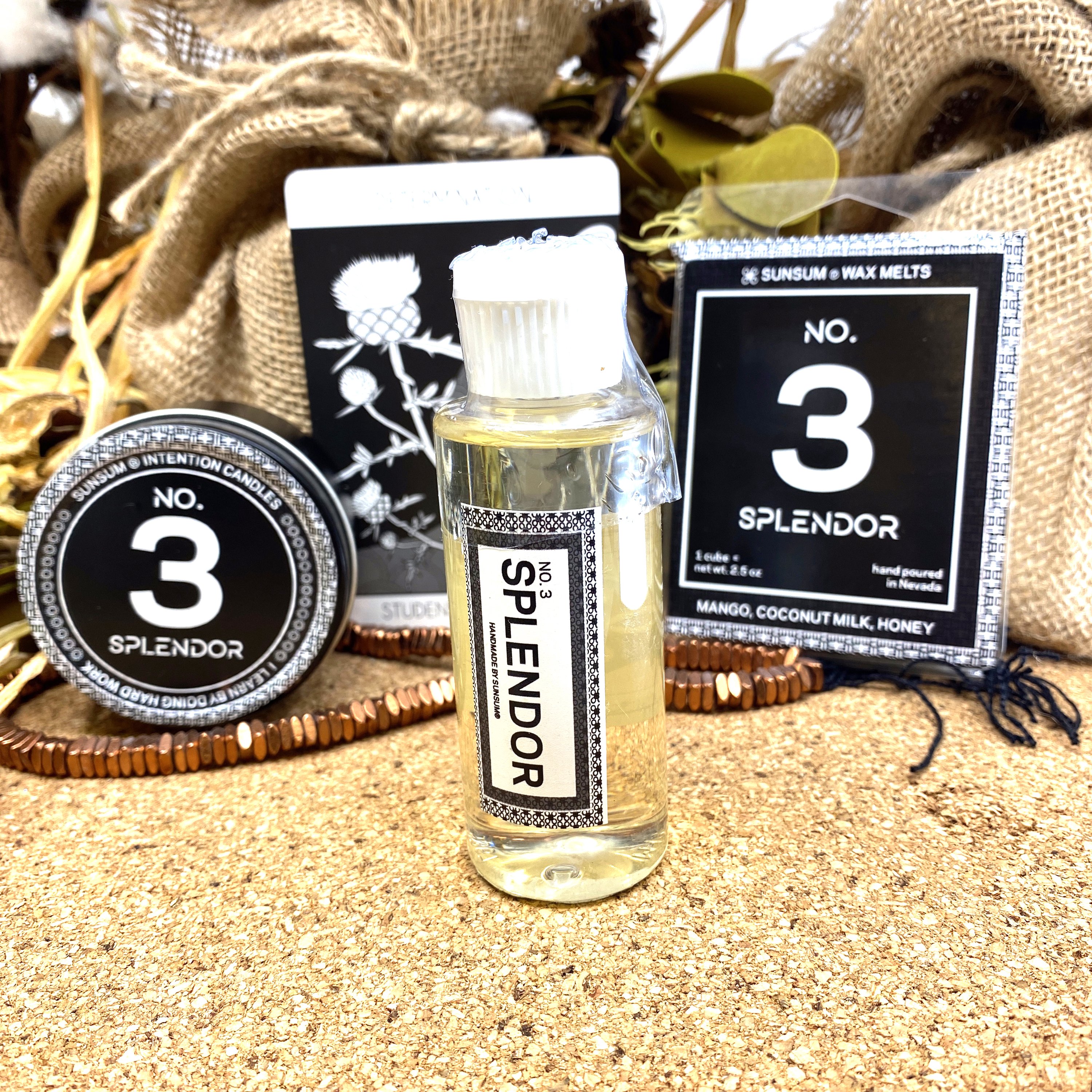 Spirit Number 333 Gift Set featuring handmade products with mango, coconut milk, and honey aromas, including candles, body oils, and wax melts.