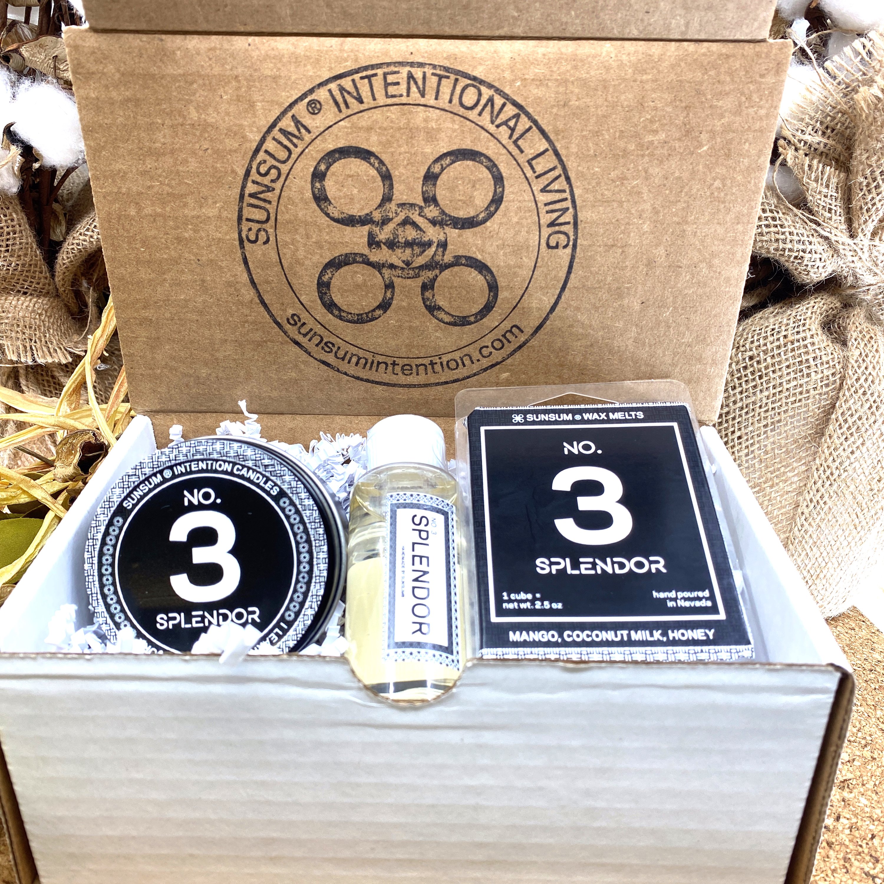 Spirit Number 333 Gift Set featuring handmade products with mango, coconut milk, and honey aromas, including candles, body oils, and wax melts.