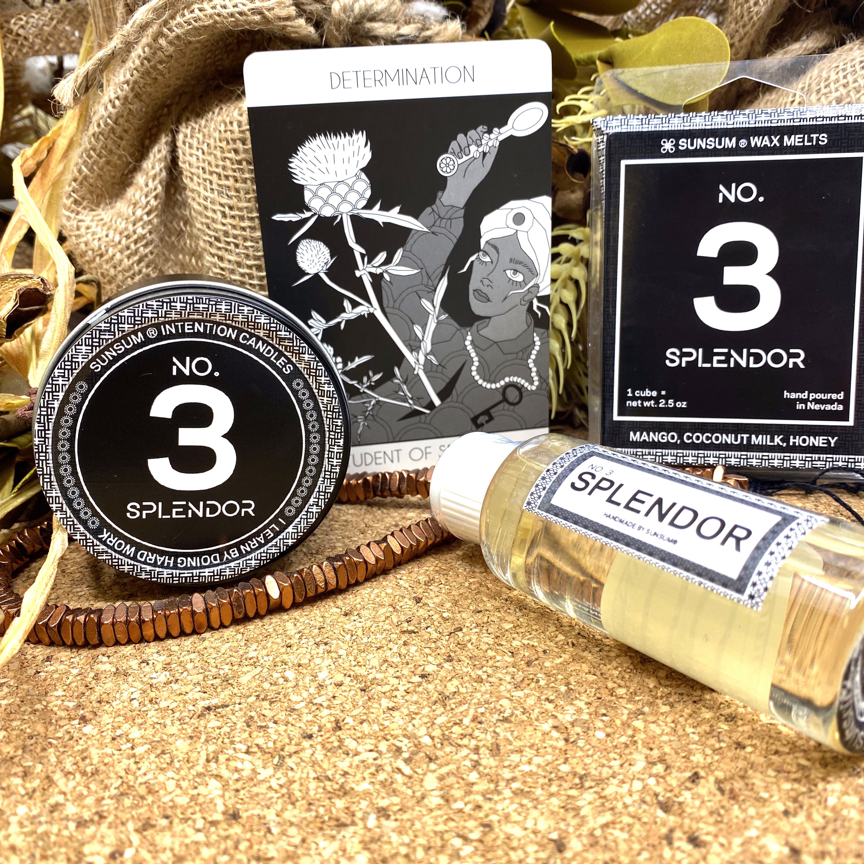 Spirit Number 333 Gift Set featuring handmade products with mango, coconut milk, and honey aromas, including candles, body oils, and wax melts.