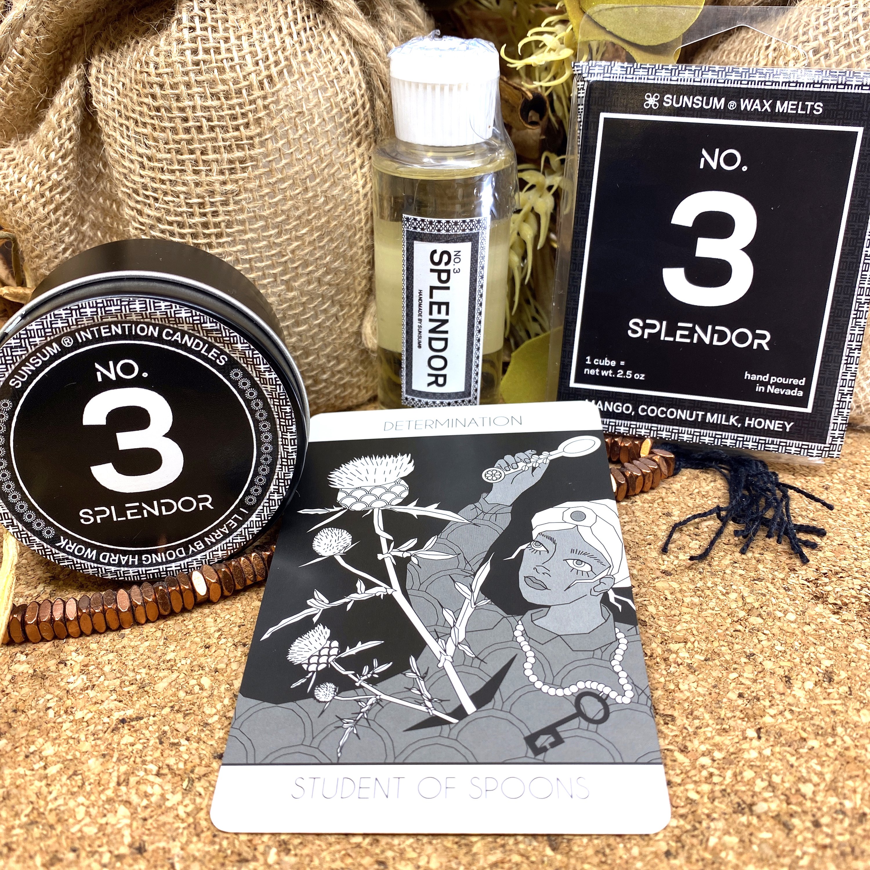 Spirit Number 333 Gift Set featuring handmade products with mango, coconut milk, and honey aromas, including candles, body oils, and wax melts.