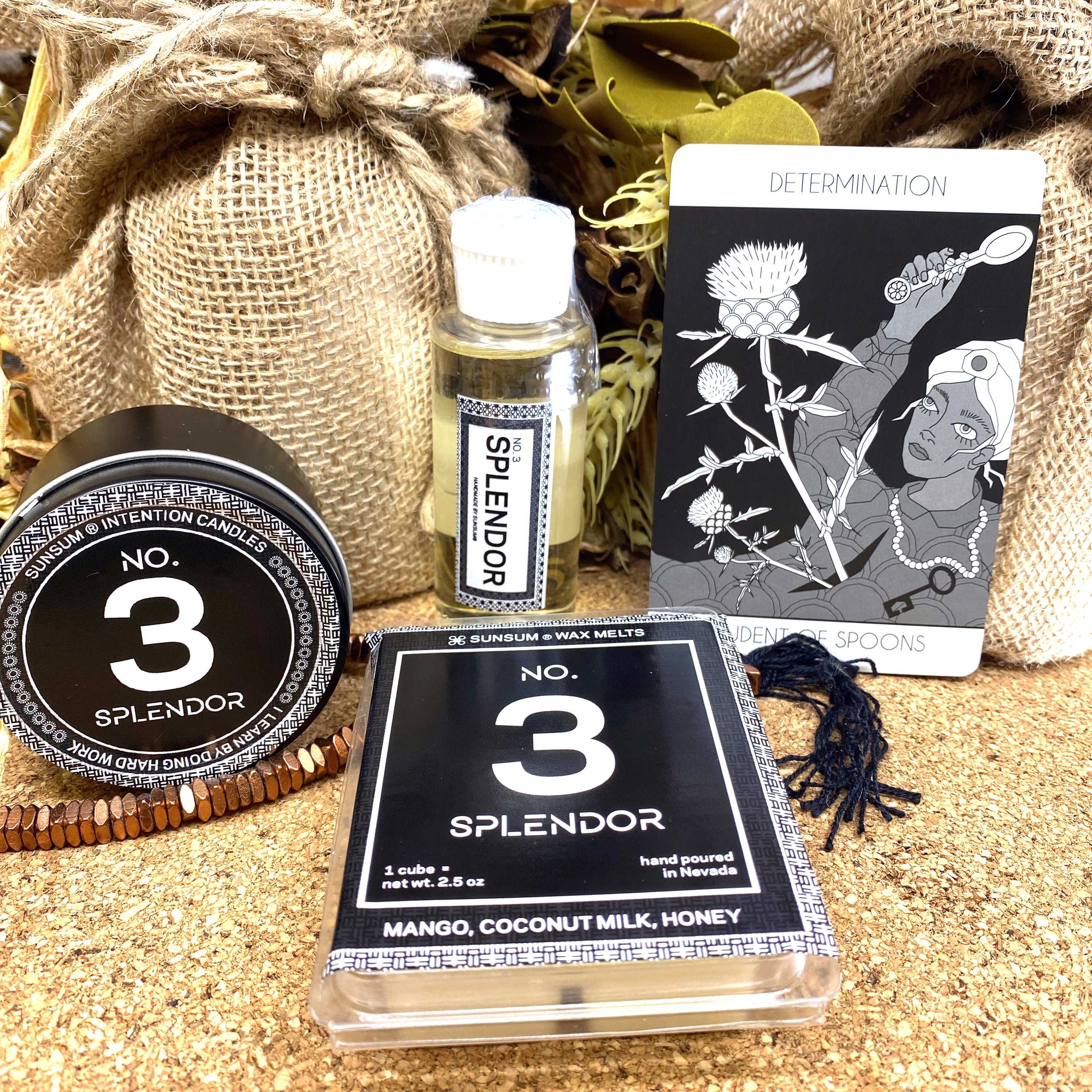 Spirit Number 333 Gift Set featuring handmade products with mango, coconut milk, and honey aromas, including candles, body oils, and wax melts.