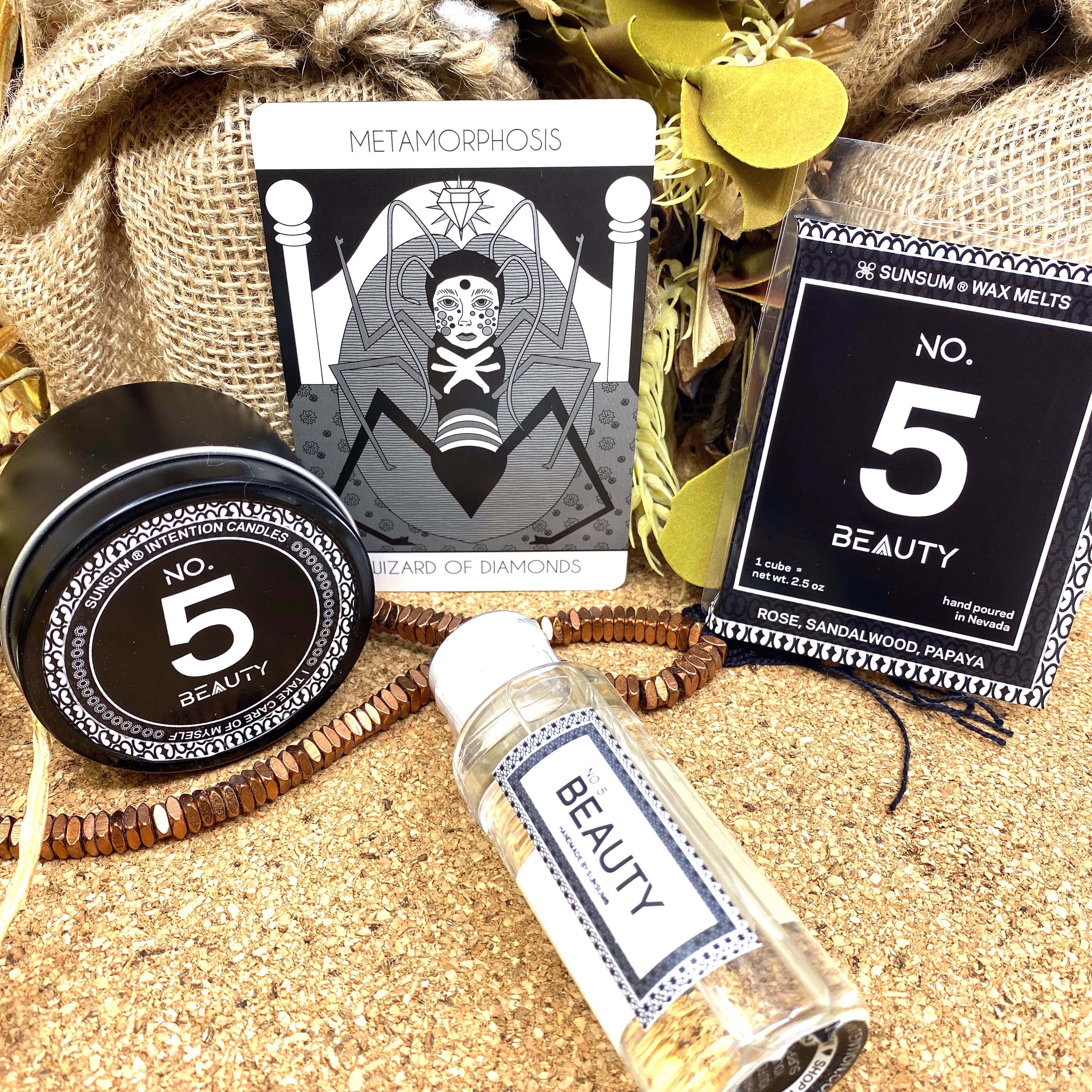 Spirit Number 555 Gift Set featuring handmade products including candles, body oils, and wax melts with floral and fruity aromas.