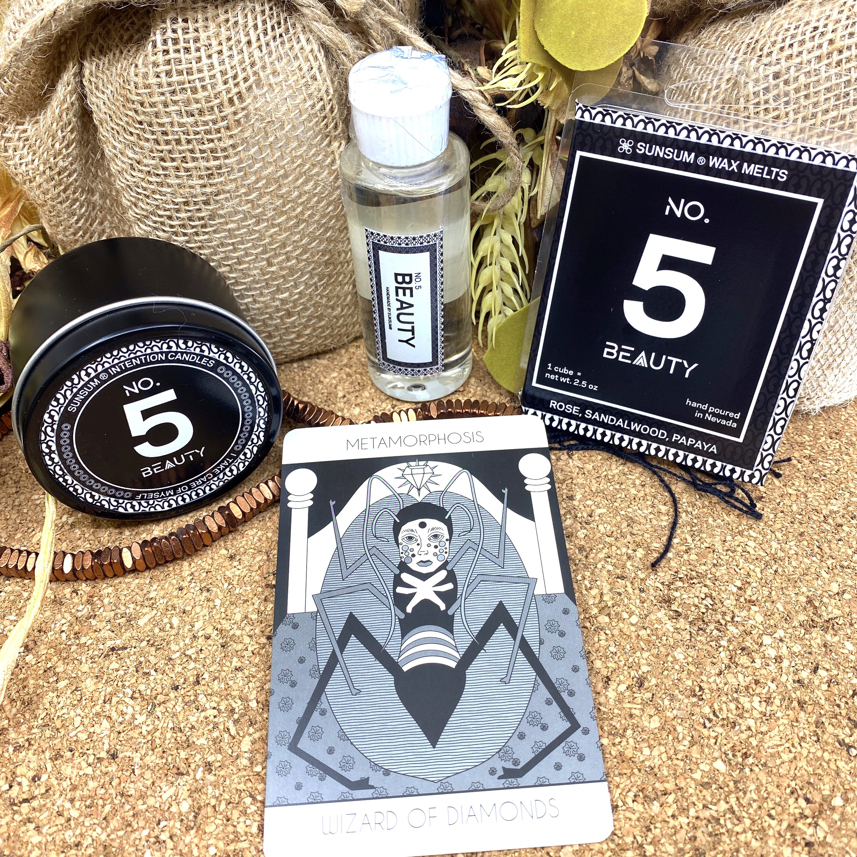Spirit Number 555 Gift Set featuring handmade products including candles, body oils, and wax melts with floral and fruity aromas.