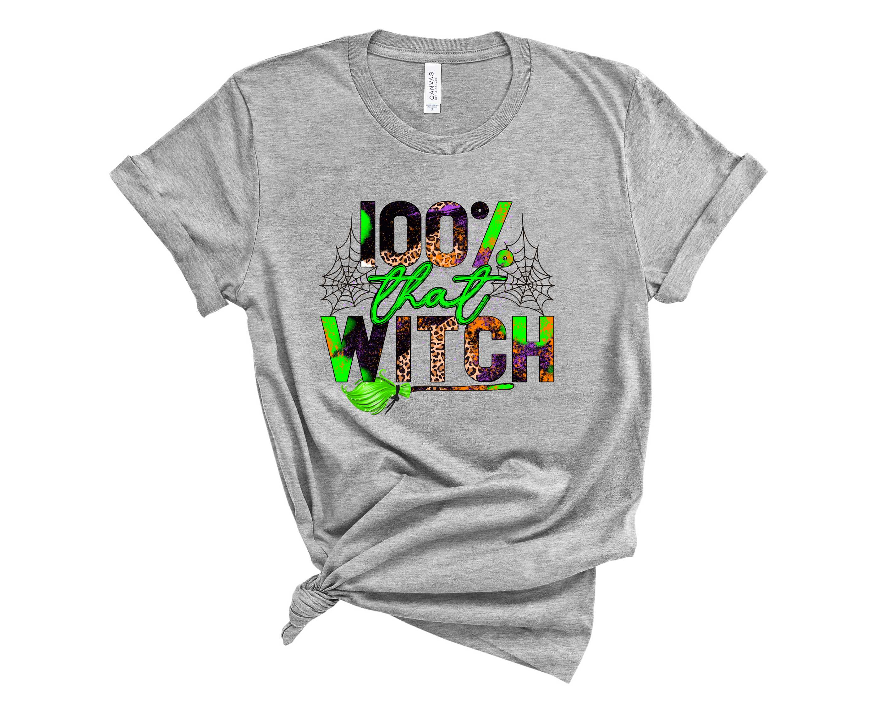 A unisex graphic tee featuring the phrase '100 percent that witch' in a stylish grunge design, perfect for casual wear.
