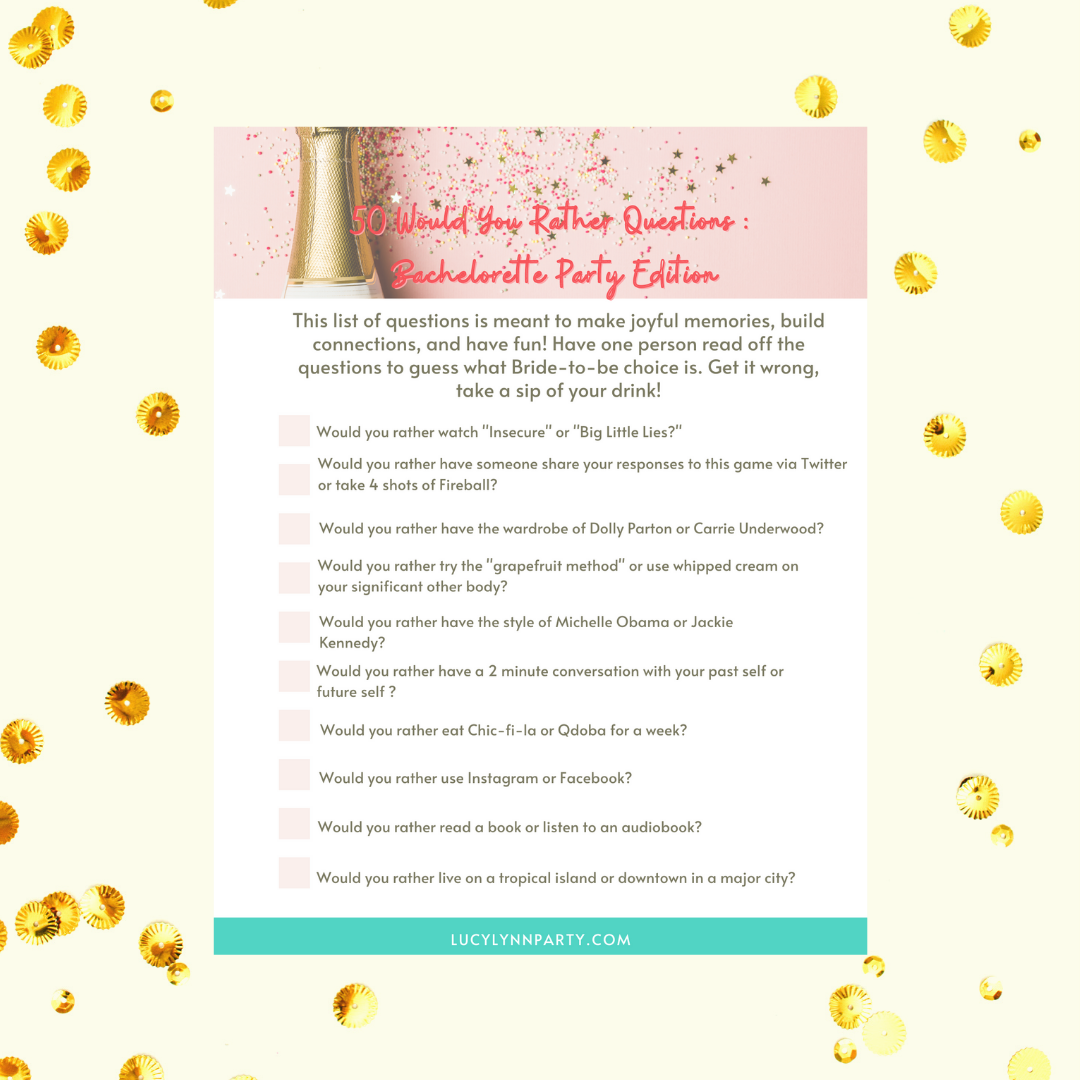 A colorful digital download featuring 50 fun Would You Rather questions for Bachelorette parties, designed to spark laughter and conversation.