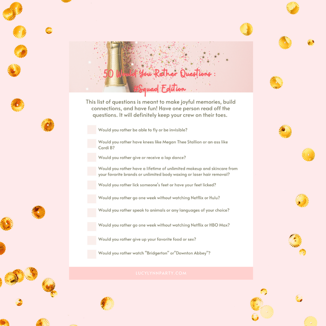 A vibrant digital download image featuring the title '50 Would You Rather Questions: #Squad Edition' with playful graphics and colorful design.