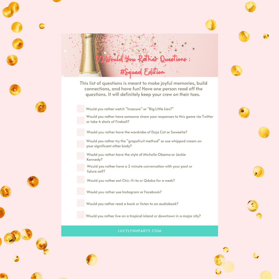 A vibrant digital download image featuring the title '50 Would You Rather Questions: #Squad Edition' with playful graphics and colorful design.