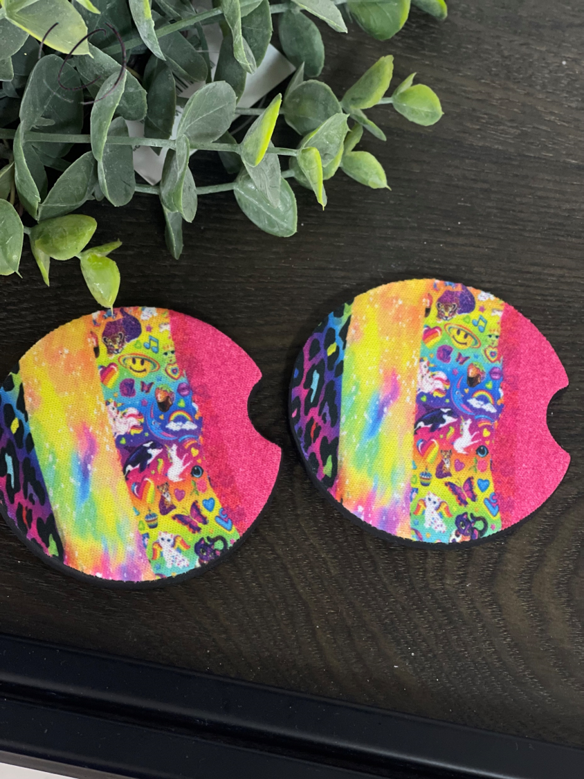 A vibrant 90's Art Brushstrokes car coaster set featuring colorful brushstroke designs on durable neoprene material.