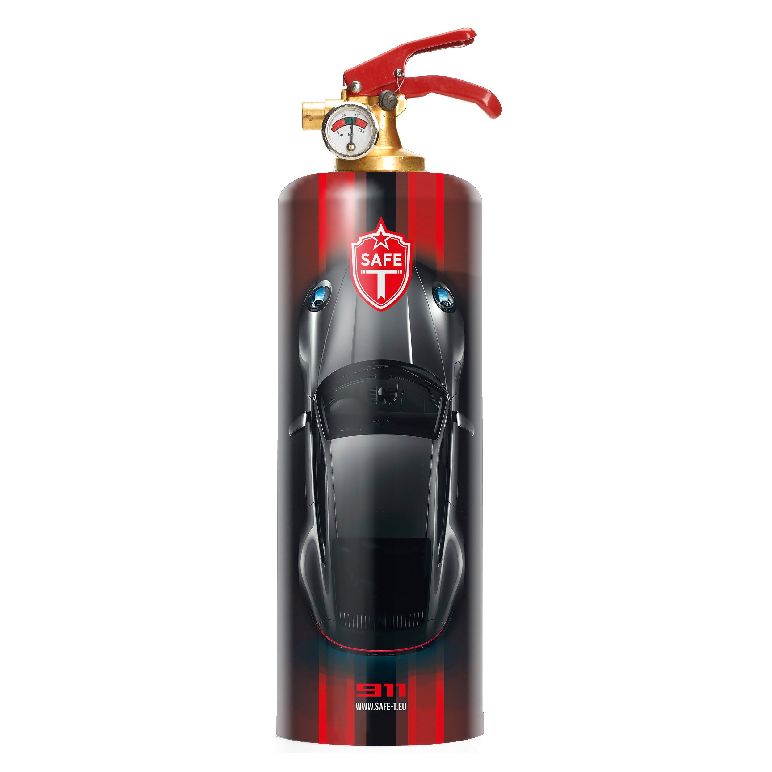The 911 Classic fire extinguisher, a stylish and functional safety device made of steel and brass, elegantly designed for home decor.