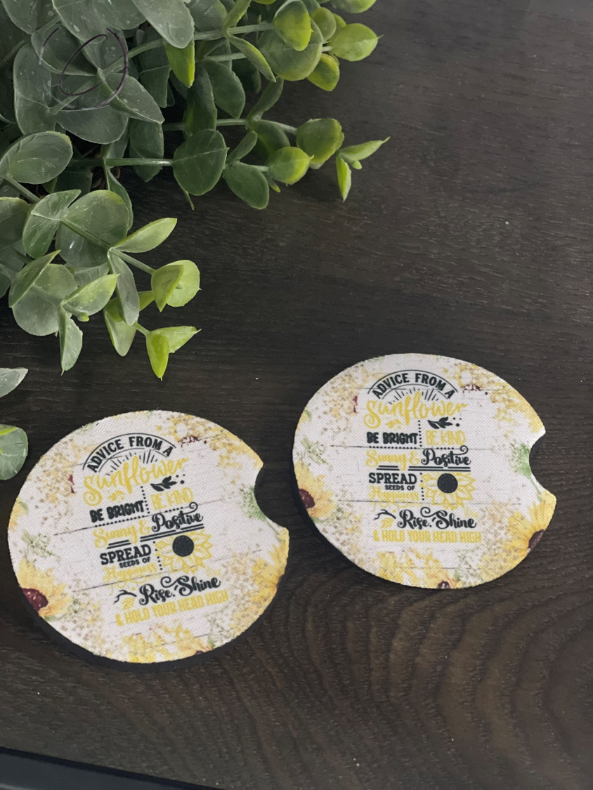 A vibrant sunflower car coaster set made of durable neoprene, perfect for basketball moms.