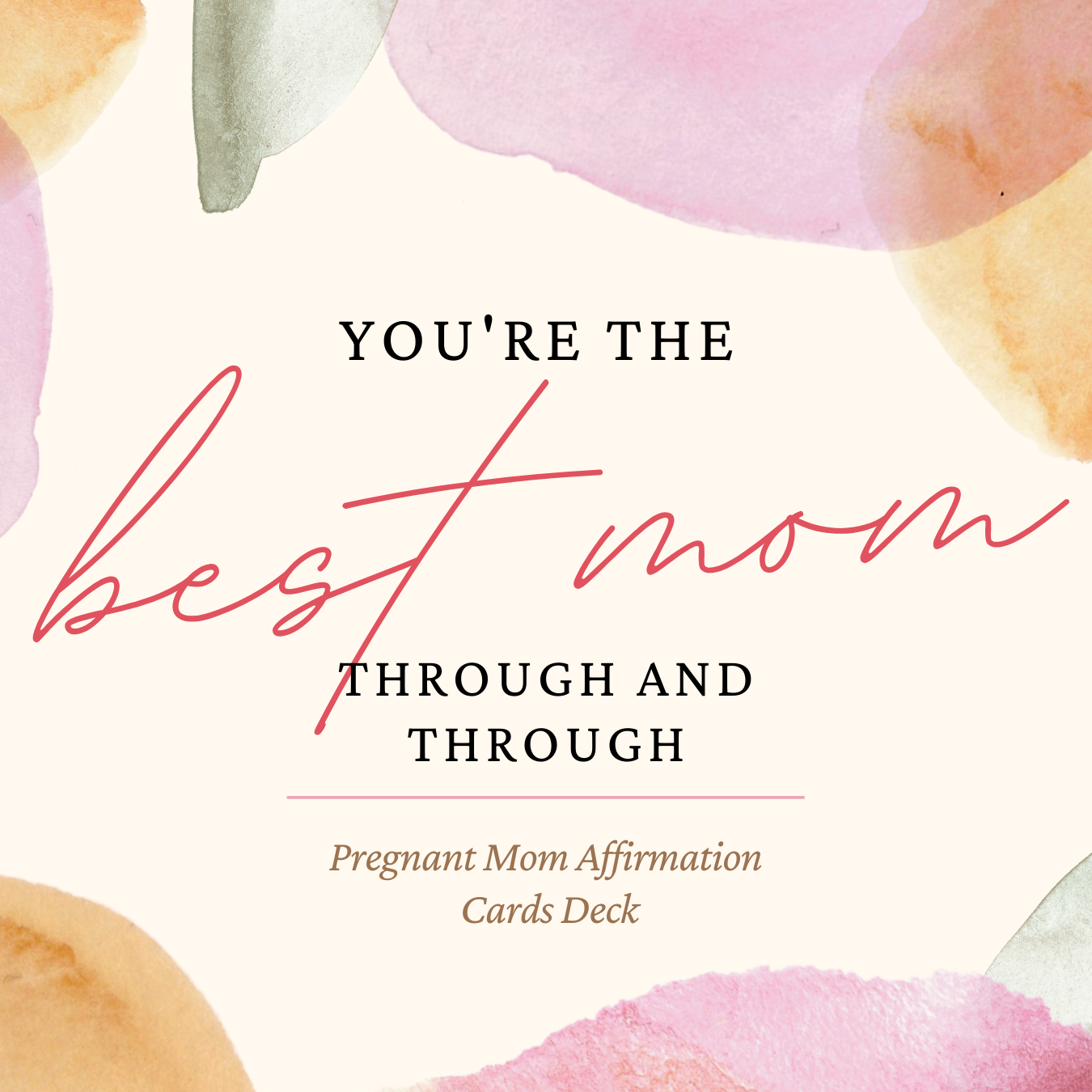 A beautifully designed set of 30 affirmation cards for pregnant moms, featuring hand-lettered quotes and vibrant colors.