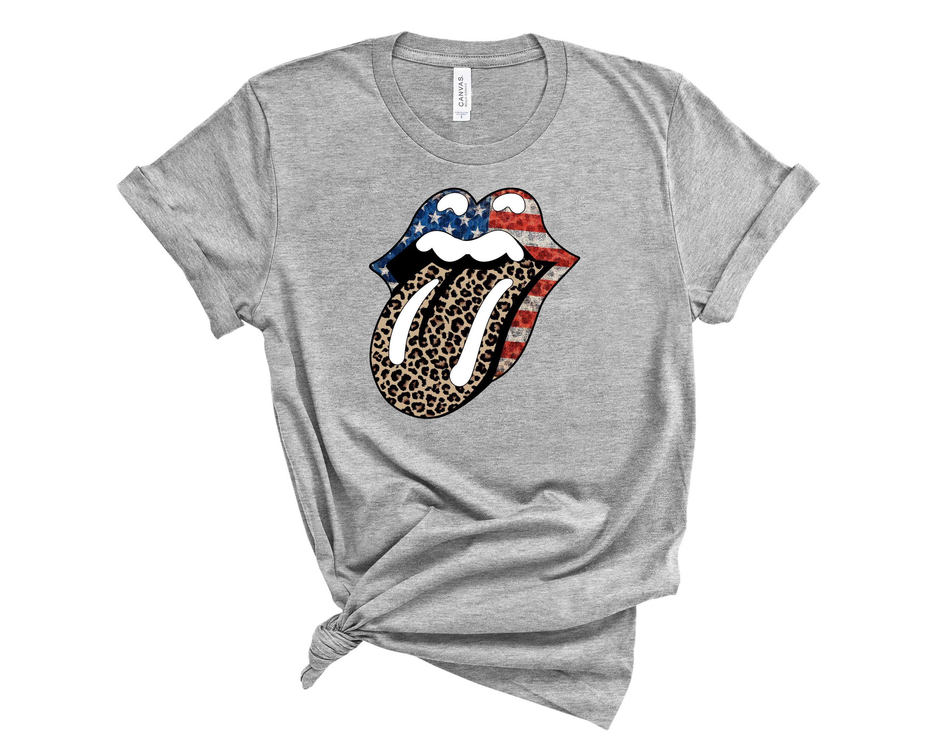 America Tongue Leopard Graphic Tee featuring a bold leopard print design and iconic tongue motif, suitable for all genders.