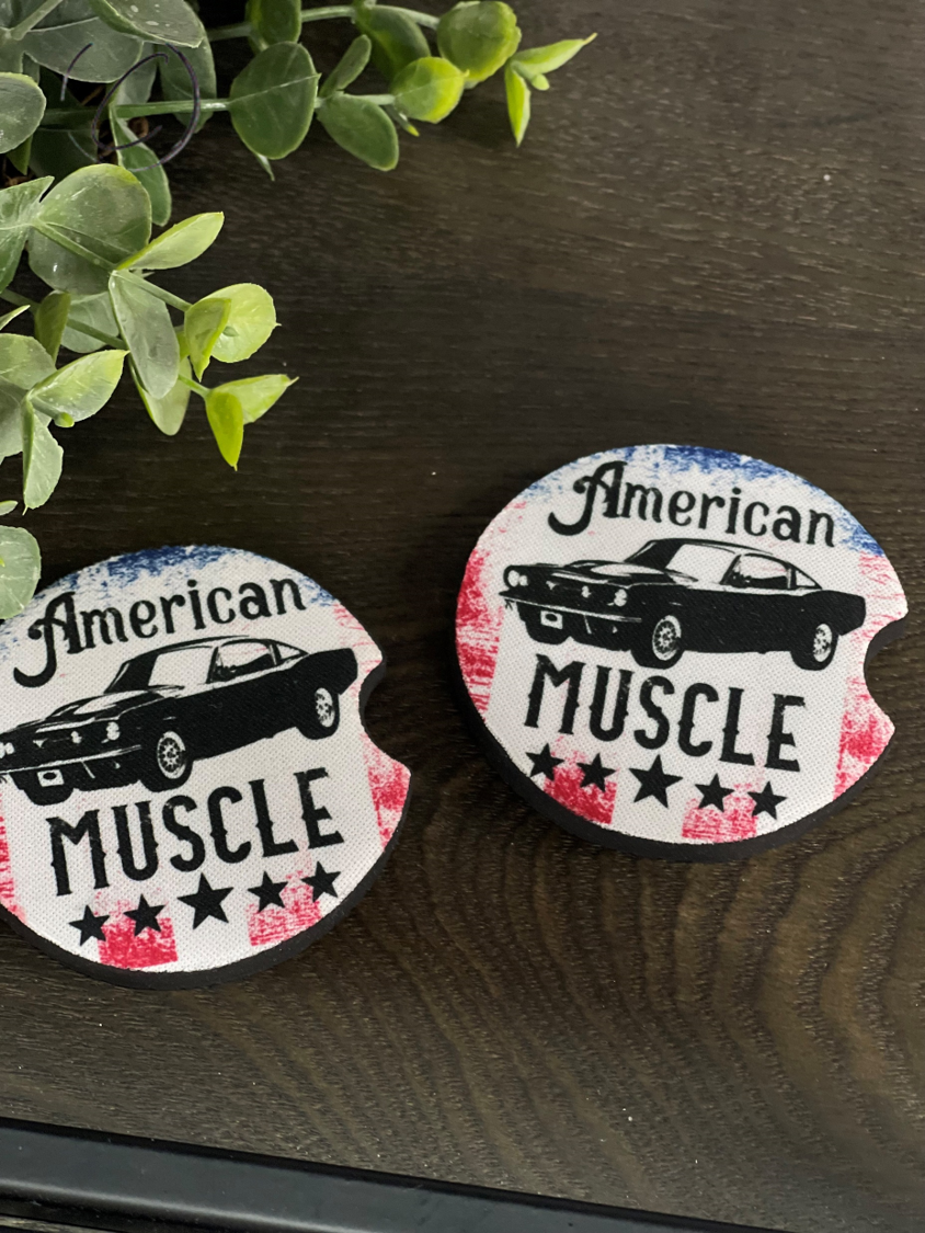 Set of four American Muscle car coasters made from durable neoprene, featuring vibrant car designs.