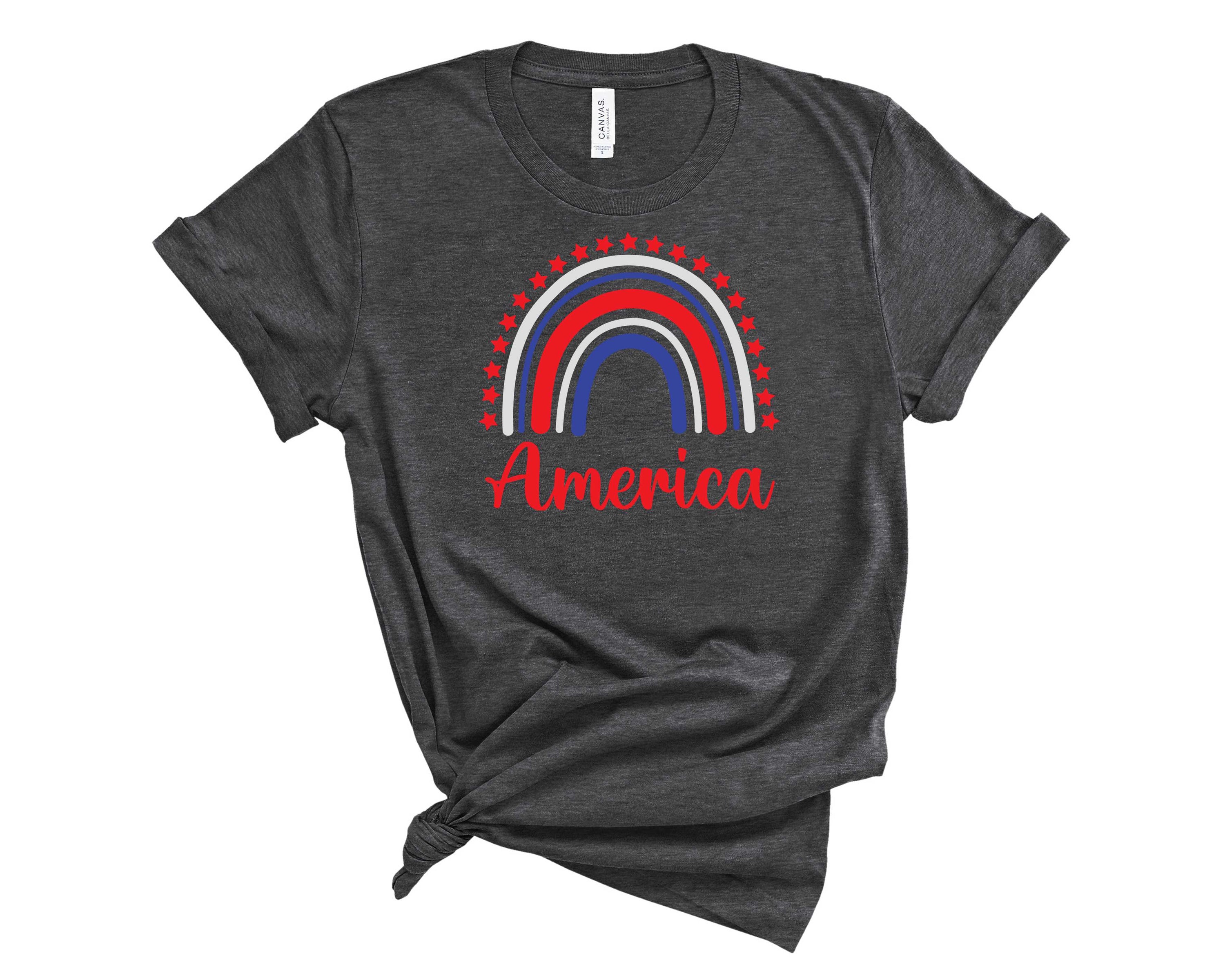 American Rainbow Graphic Tee featuring a vibrant rainbow design on a soft unisex t-shirt.