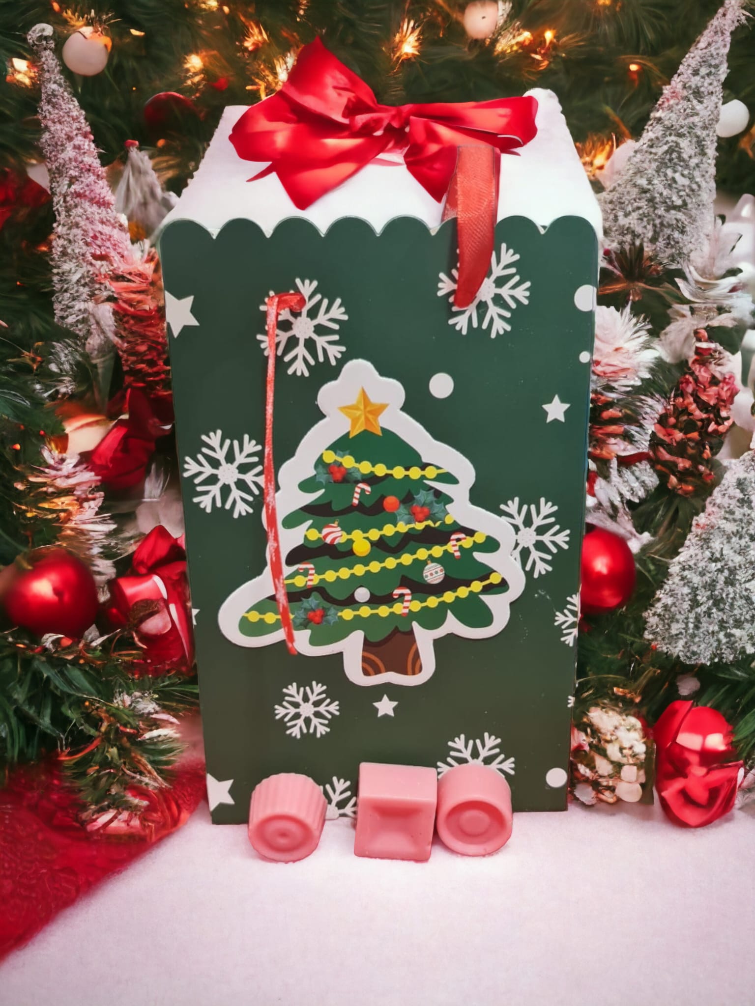 A collection of 12 round and square wax melts in Autumn Apple Spice scent, showcasing warm colors and festive shapes, perfect for seasonal decor.