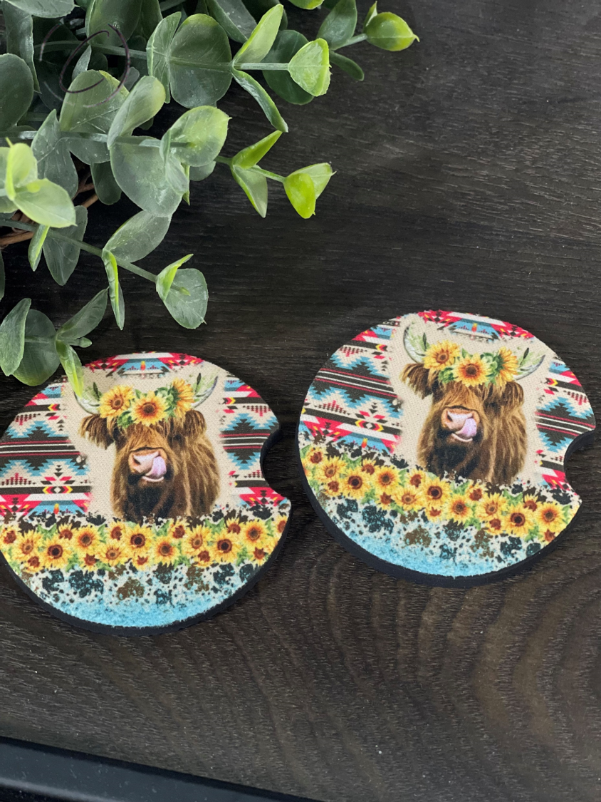Aztec Sunflower Highland Cow car coasters featuring vibrant sunflower design, made of durable neoprene, perfect for car cup holders.