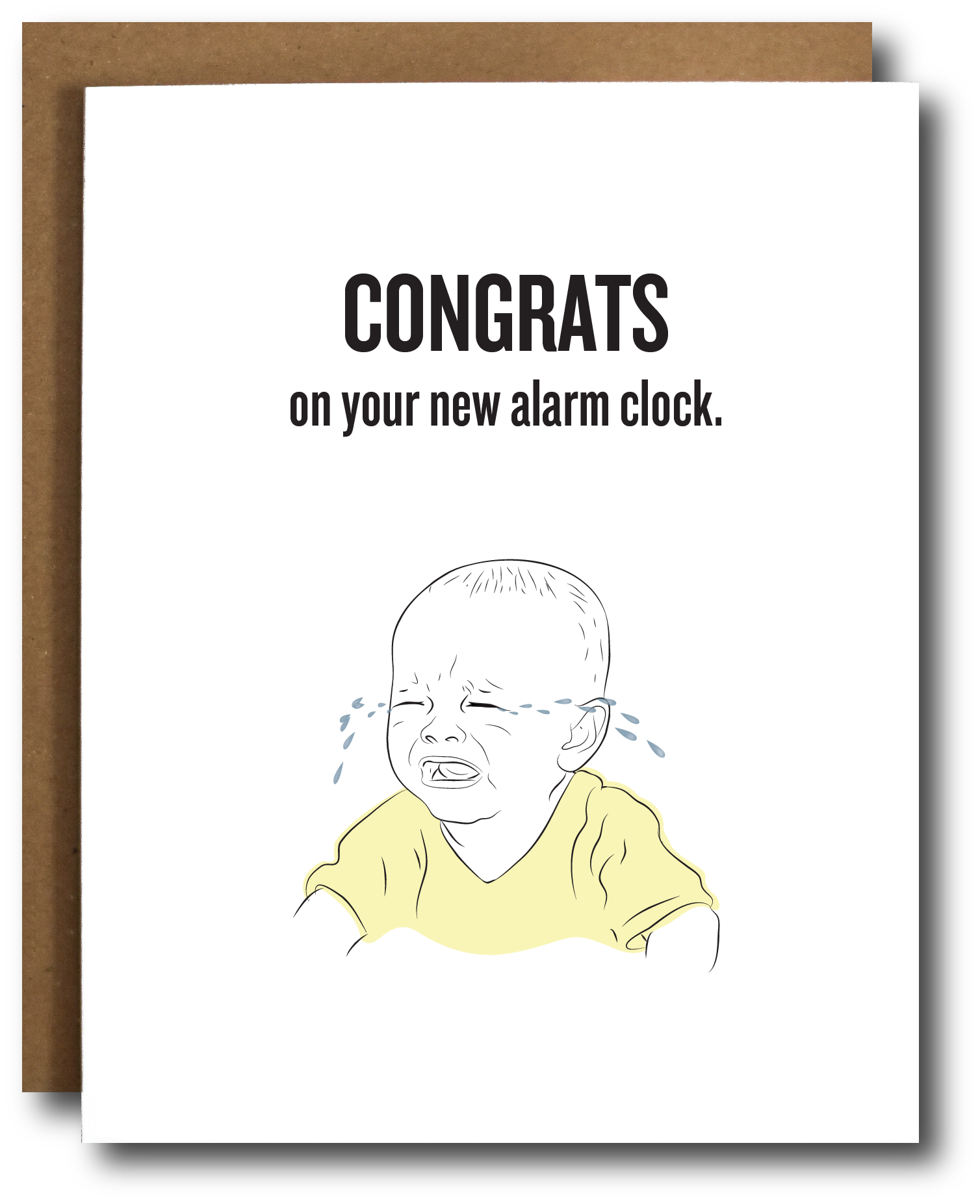 A charming Baby Alarm Clock Card with a humorous design, accompanied by a brown recycled kraft envelope and an open tab sleeve.