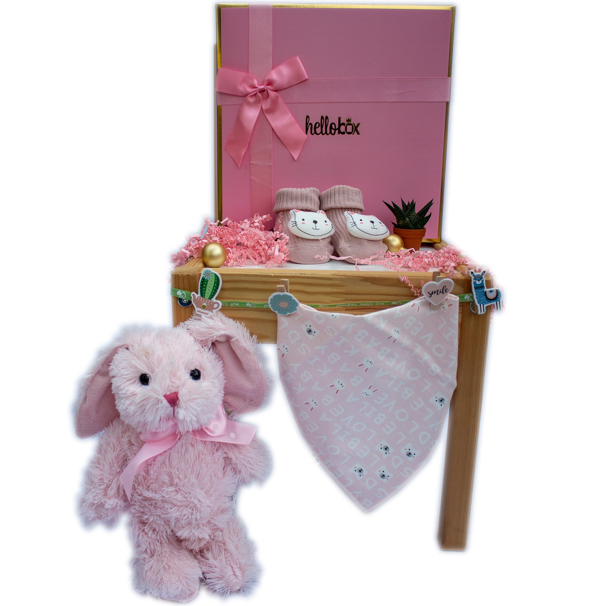 Ein süßes Baby Geschenkset für Neugeborene Mädchen mit einem pinken Hasen, einer Katze, Socken und einem Lätzchen in einer schönen Geschenkbox.